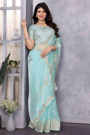Sky Blue Floral Sequins Embroidered Shimmer Chiffon Saree