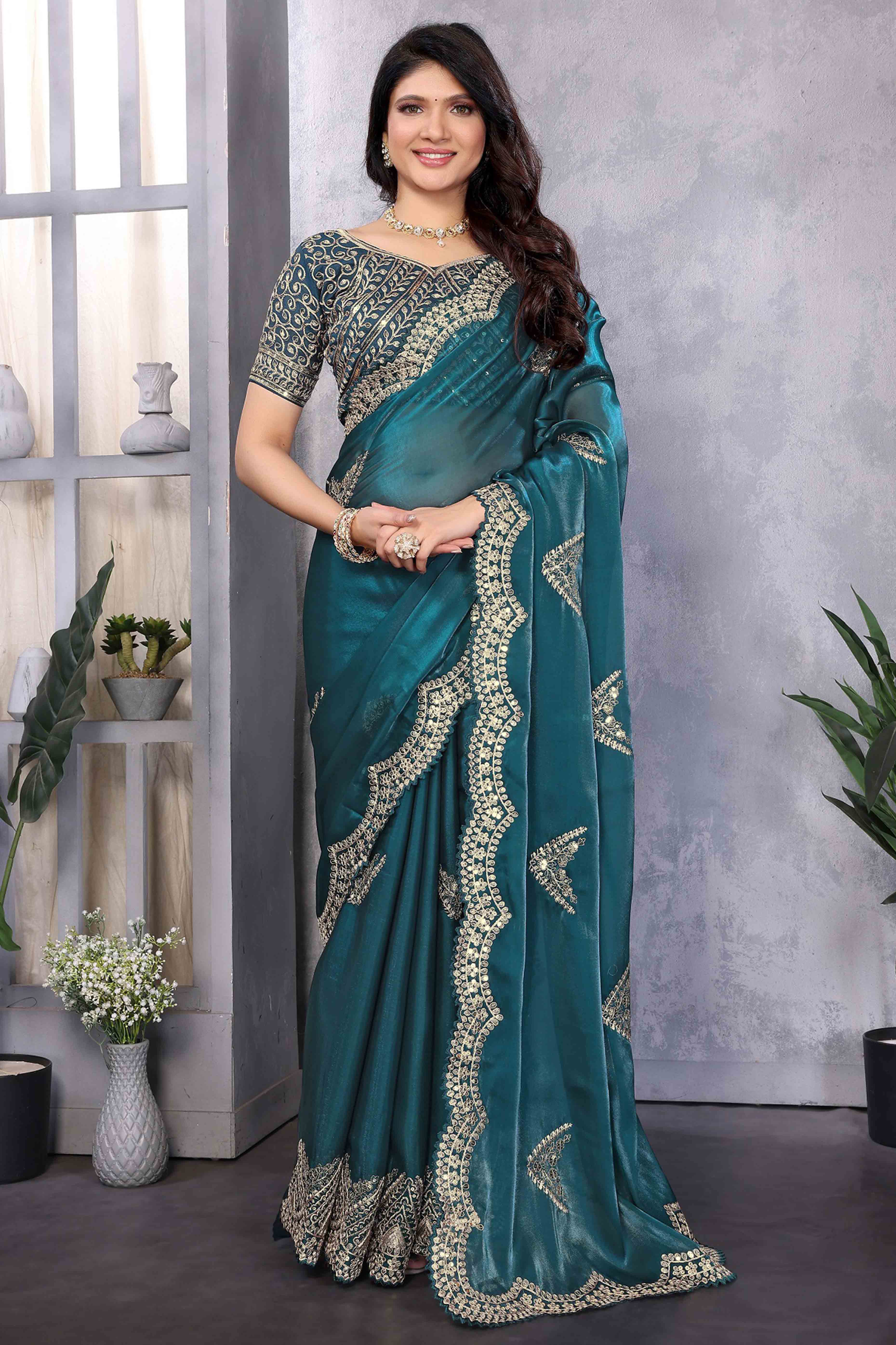 Teal Floral Sequins Embroidered Shimmer Chiffon Saree