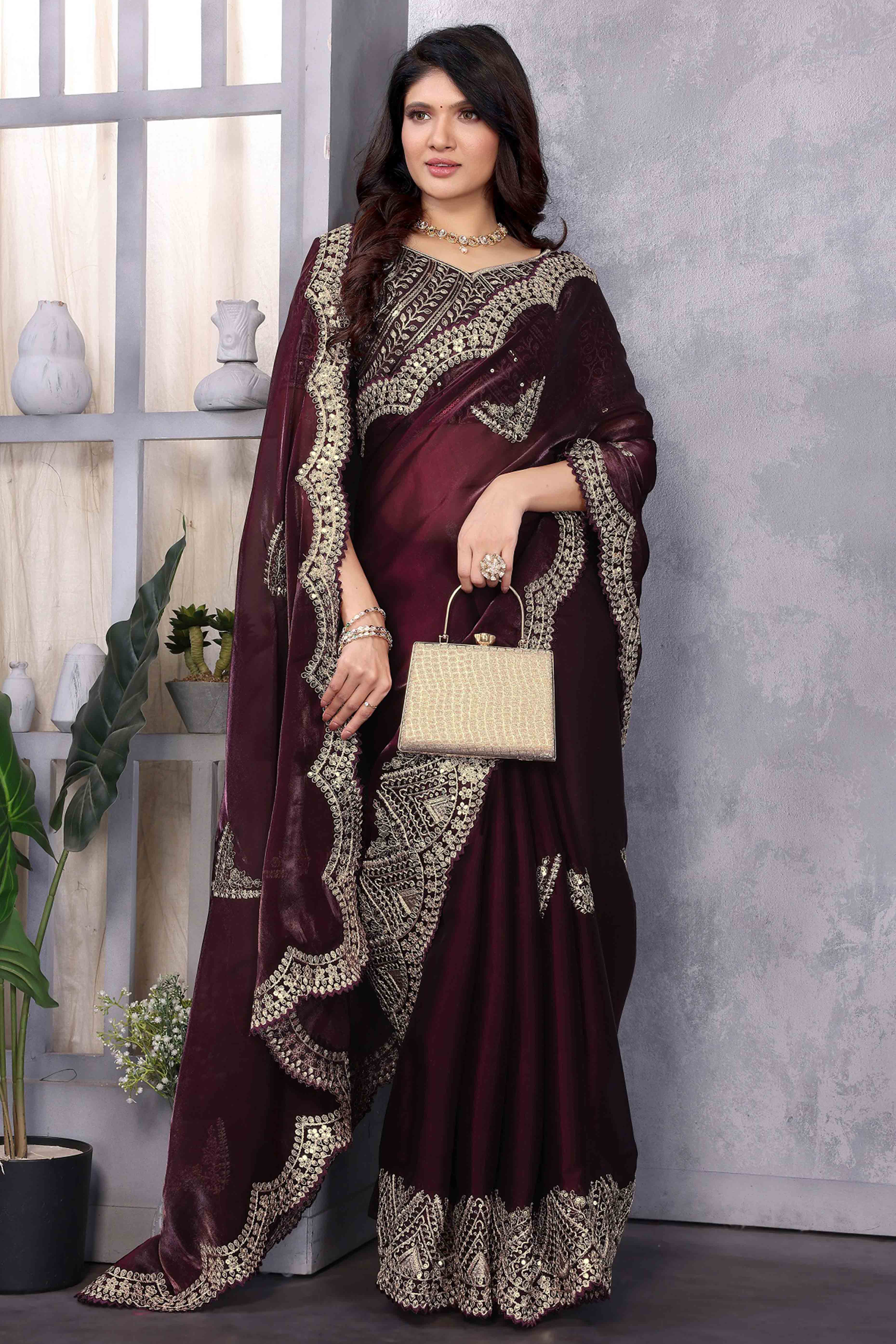 Dark Wine Floral Sequins Embroidered Shimmer Chiffon Saree