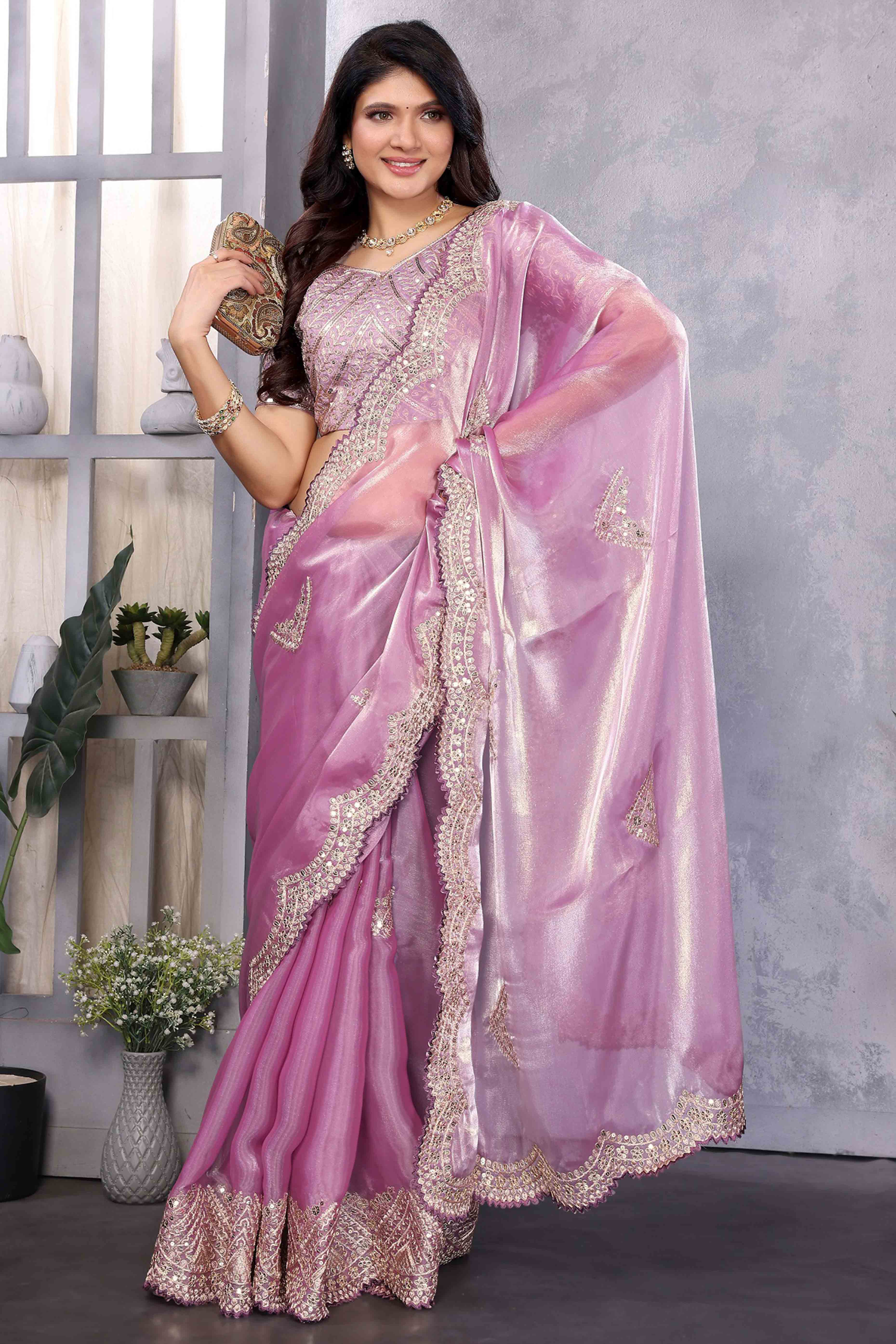 Light Purple Floral Sequins Embroidered Shimmer Chiffon Saree