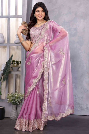 Light Purple Floral Sequins Embroidered Shimmer Chiffon Saree