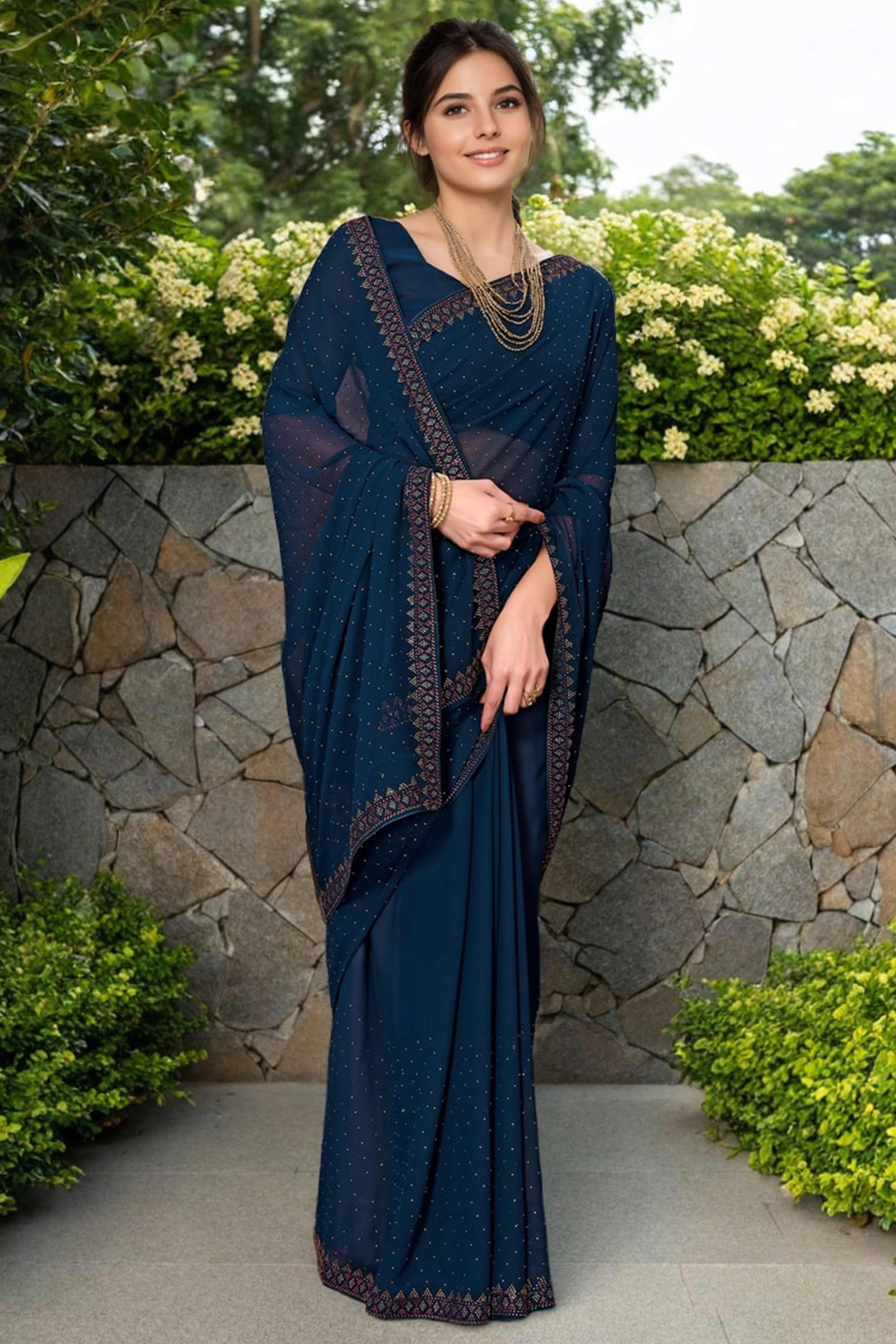 Navy Blue Rangoli Dola Silk Saree Embellished With Diamond Work And Elegant Border