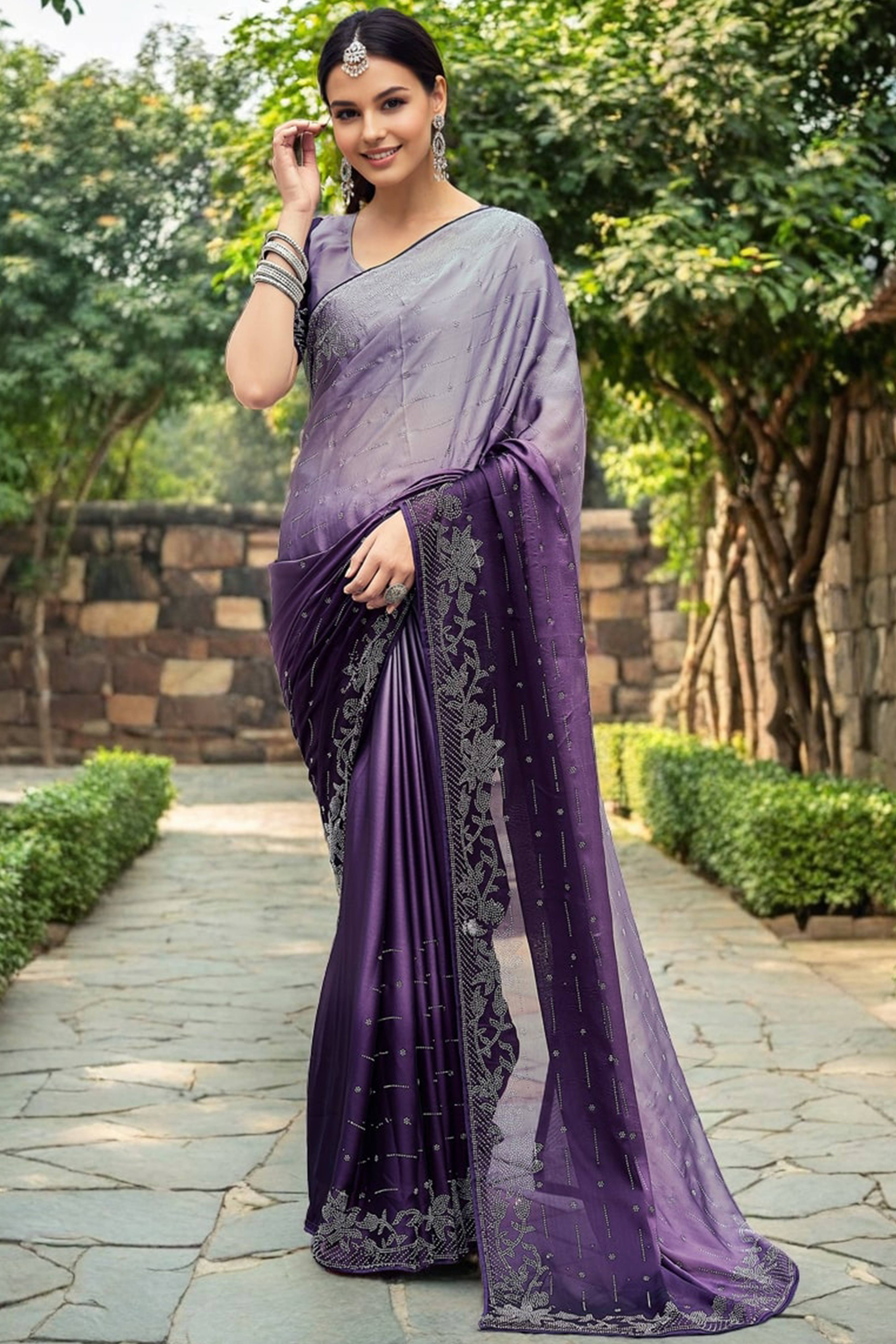 Purple Rangoli Dola Silk Saree Adorned With Gleaming Swarovski Work & Classic Floral Border