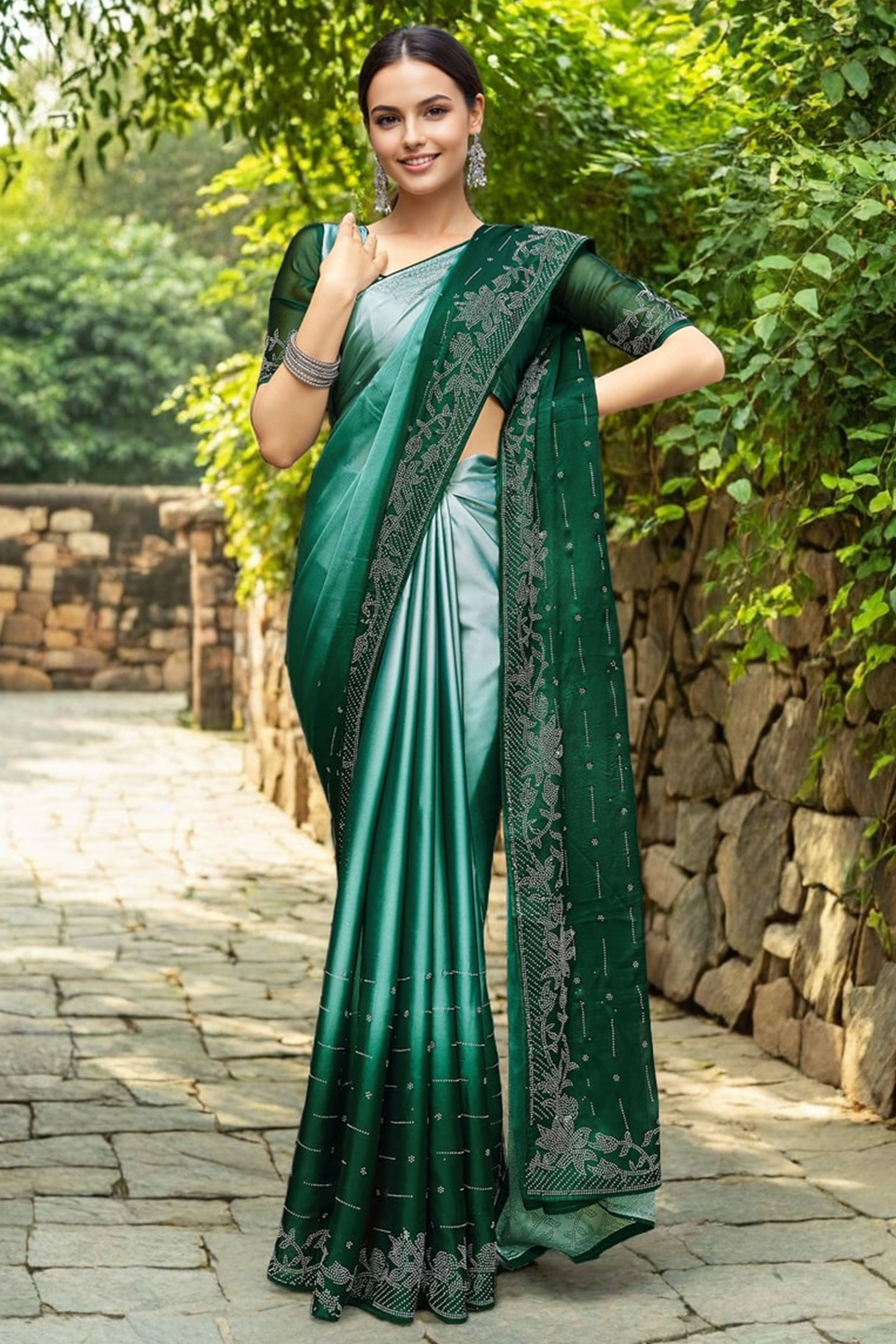 Green Rangoli Dola Silk Saree Adorned With Gleaming Swarovski Work & Classic Floral Border
