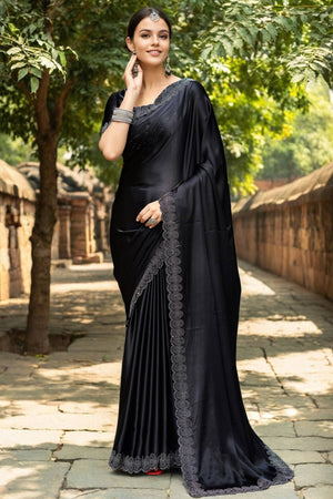 Black Solid Rangoli Dola Silk Saree Featuring Sparkling Swarovski Work Border