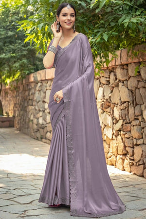 Lavender Solid Rangoli Dola Silk Saree Featuring Sparkling Swarovski Work Border