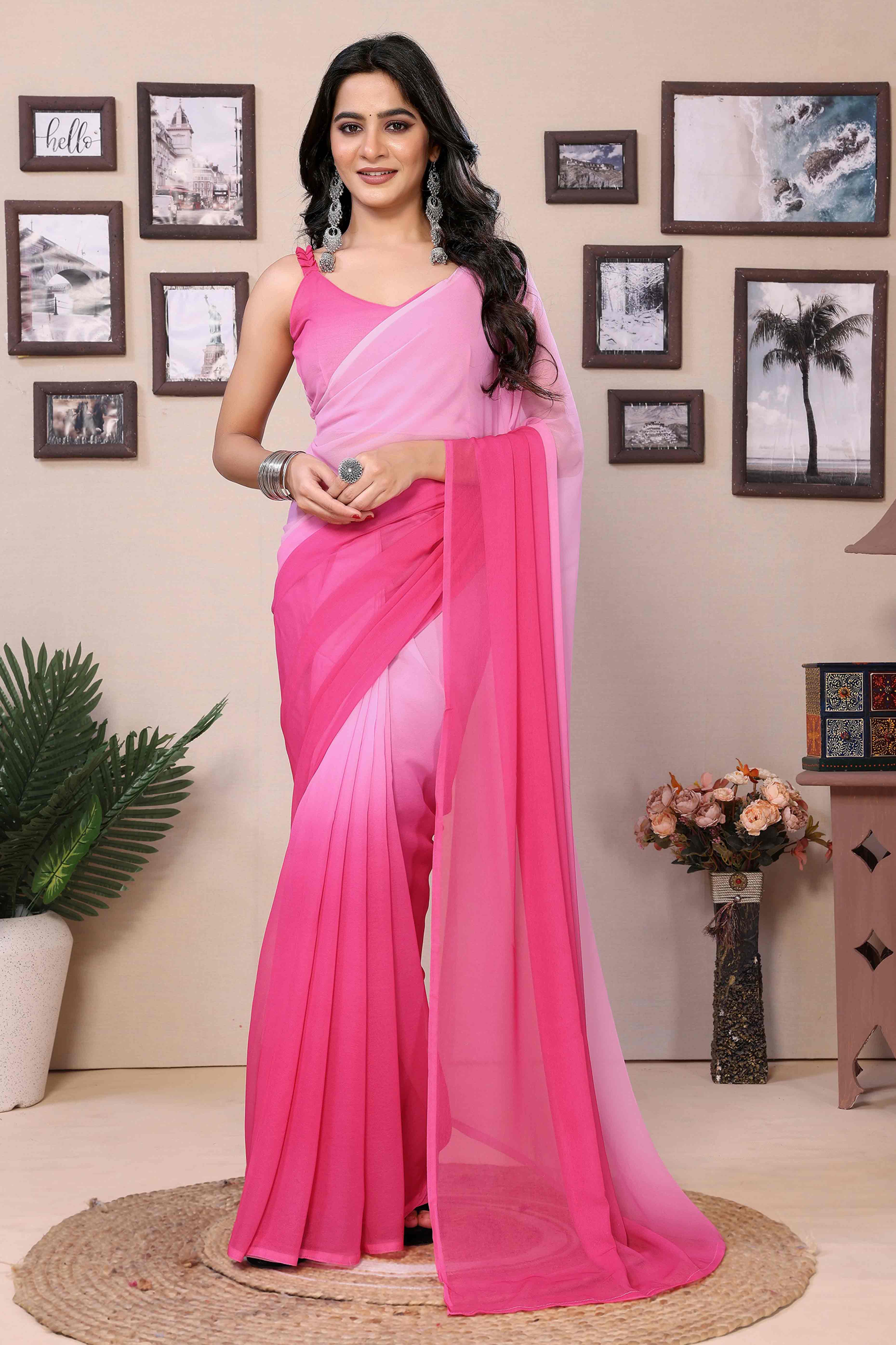 Pink Solid Printed Georgette Ready To Wear Ombre Saree