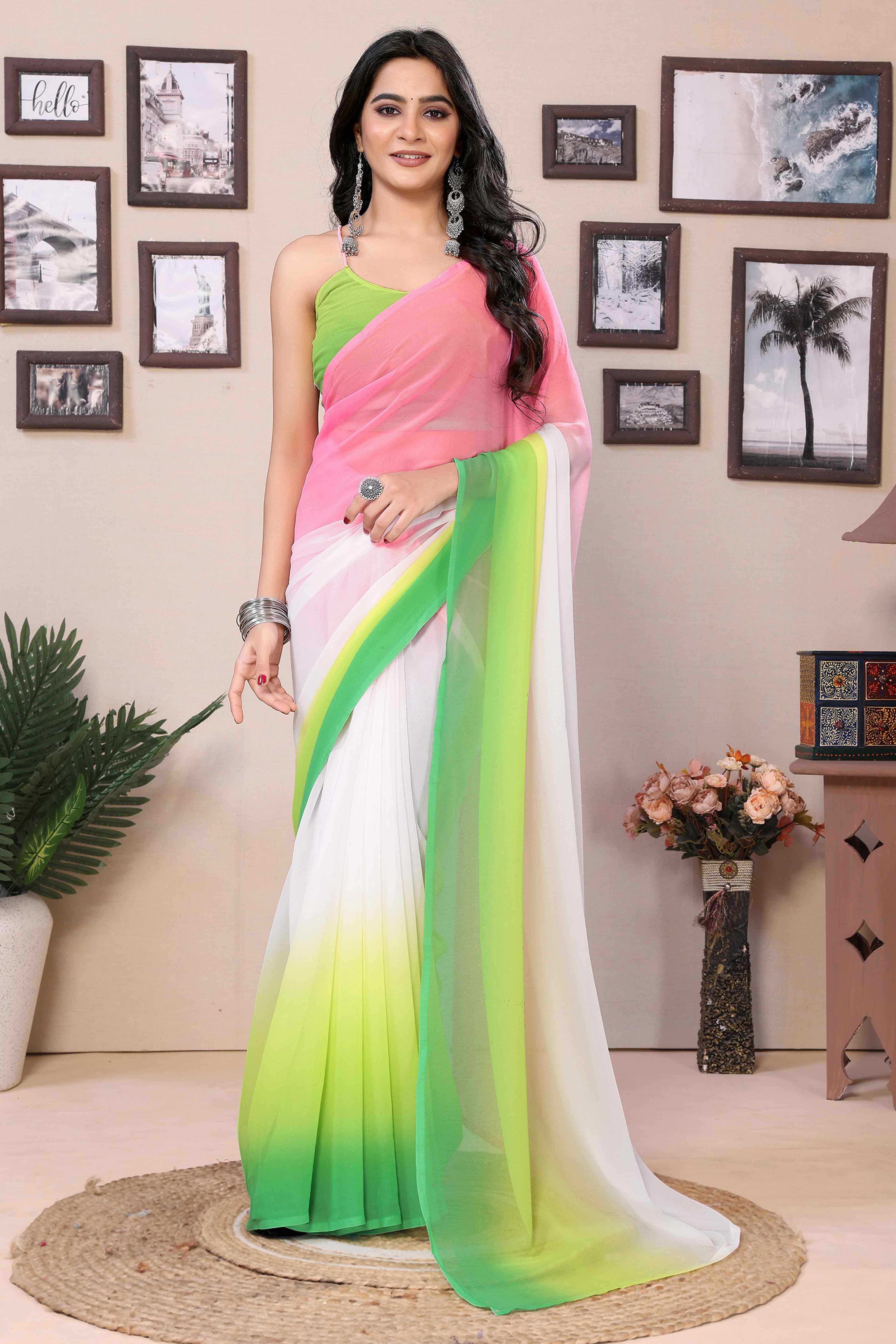 Multicolor Solid Printed Georgette Ready To Wear Ombre Saree