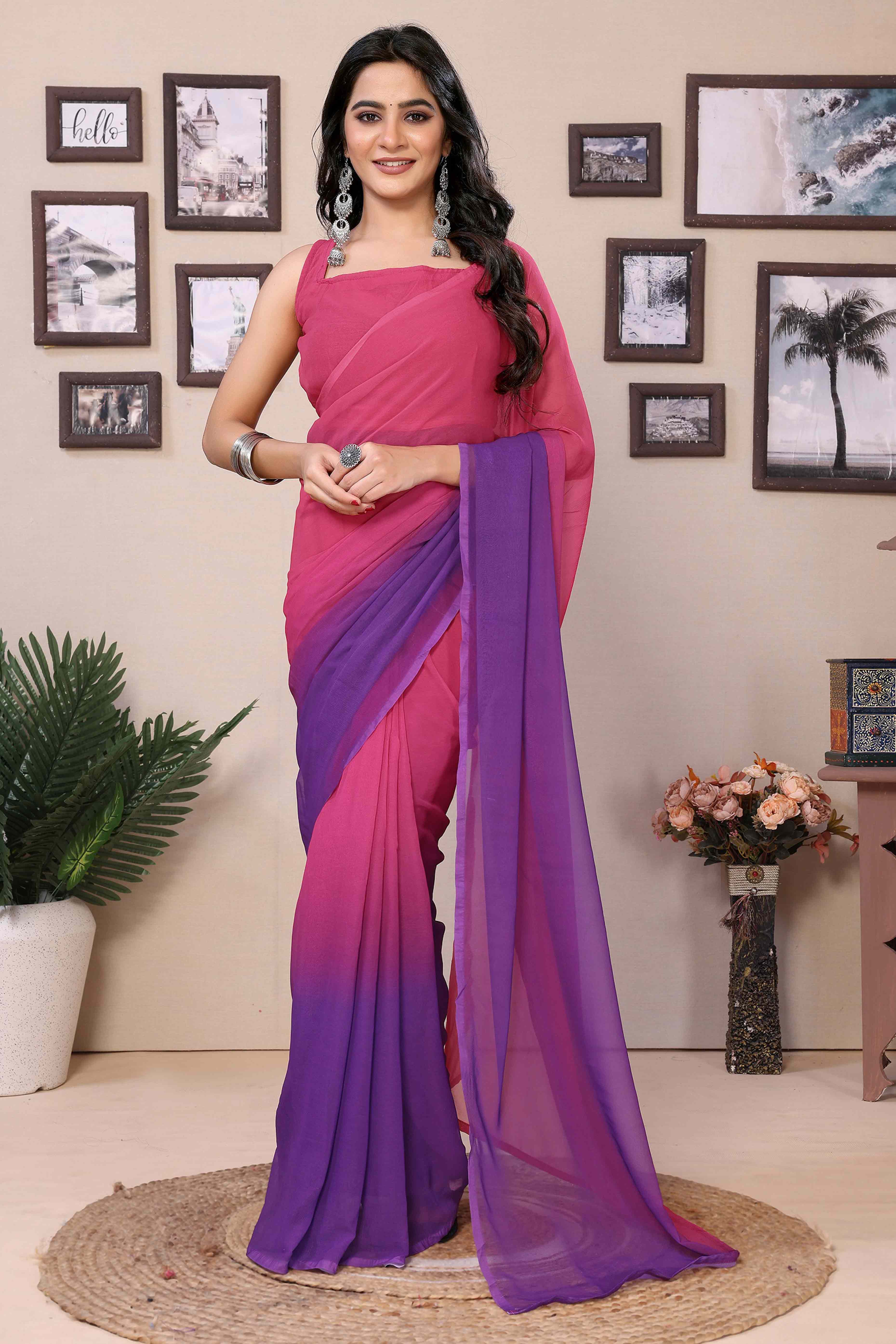 Pink & Purple Solid Printed Georgette Ready To Wear Ombre Saree