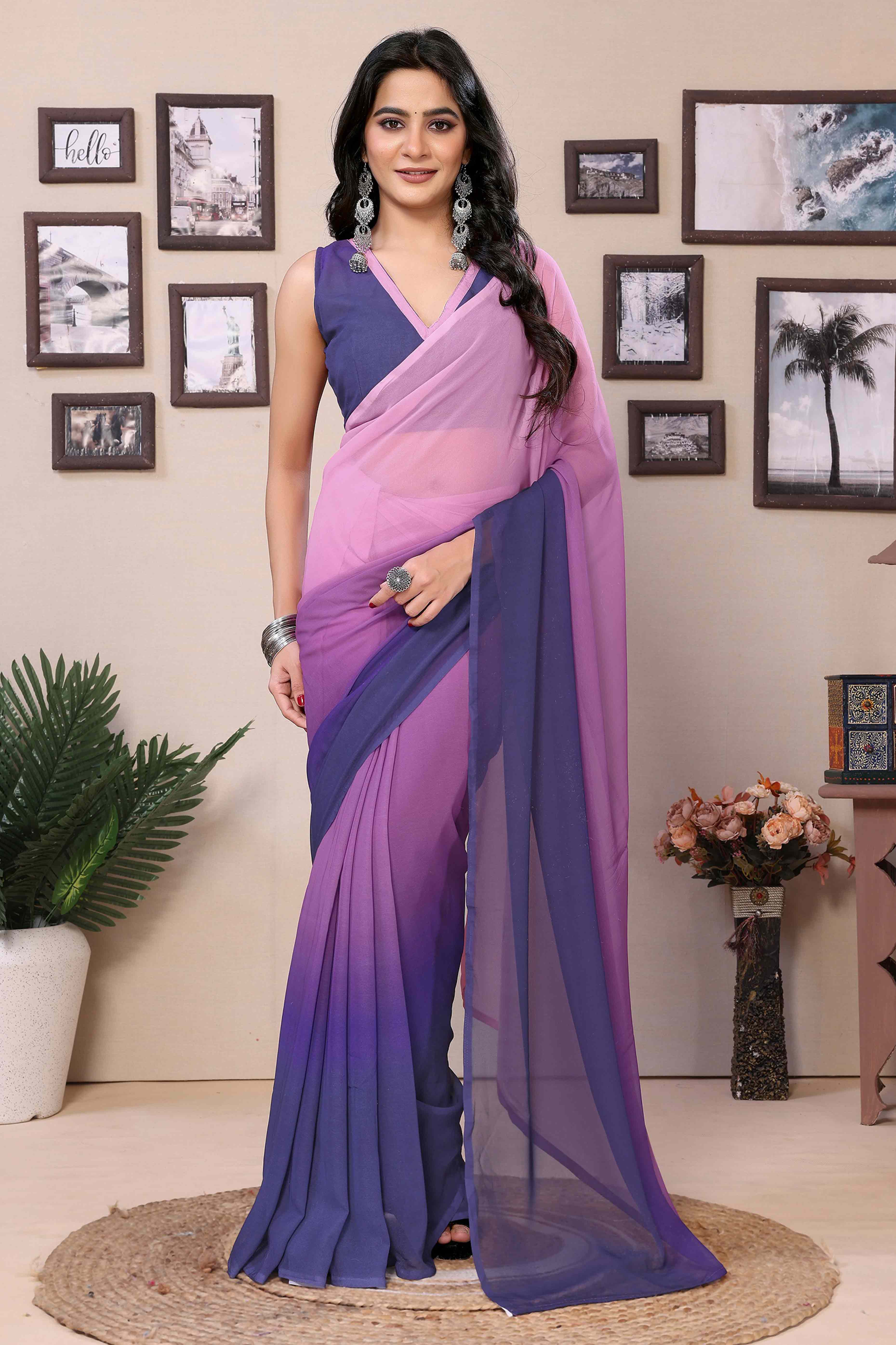 Pink & Purple Solid Printed Georgette Ready To Wear Ombre Saree