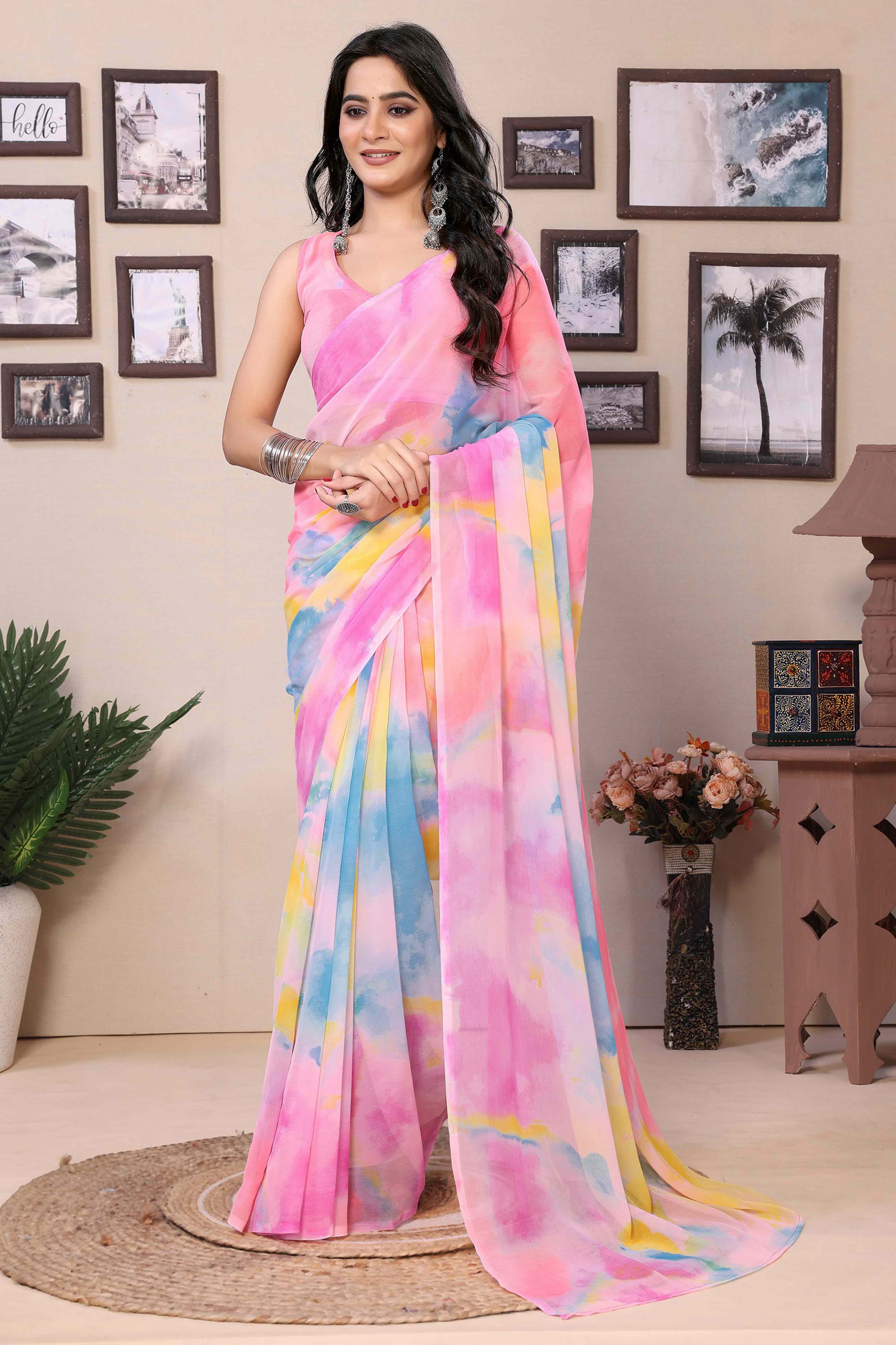 Pink Printed Georgette Ready To Wear Ombre Saree