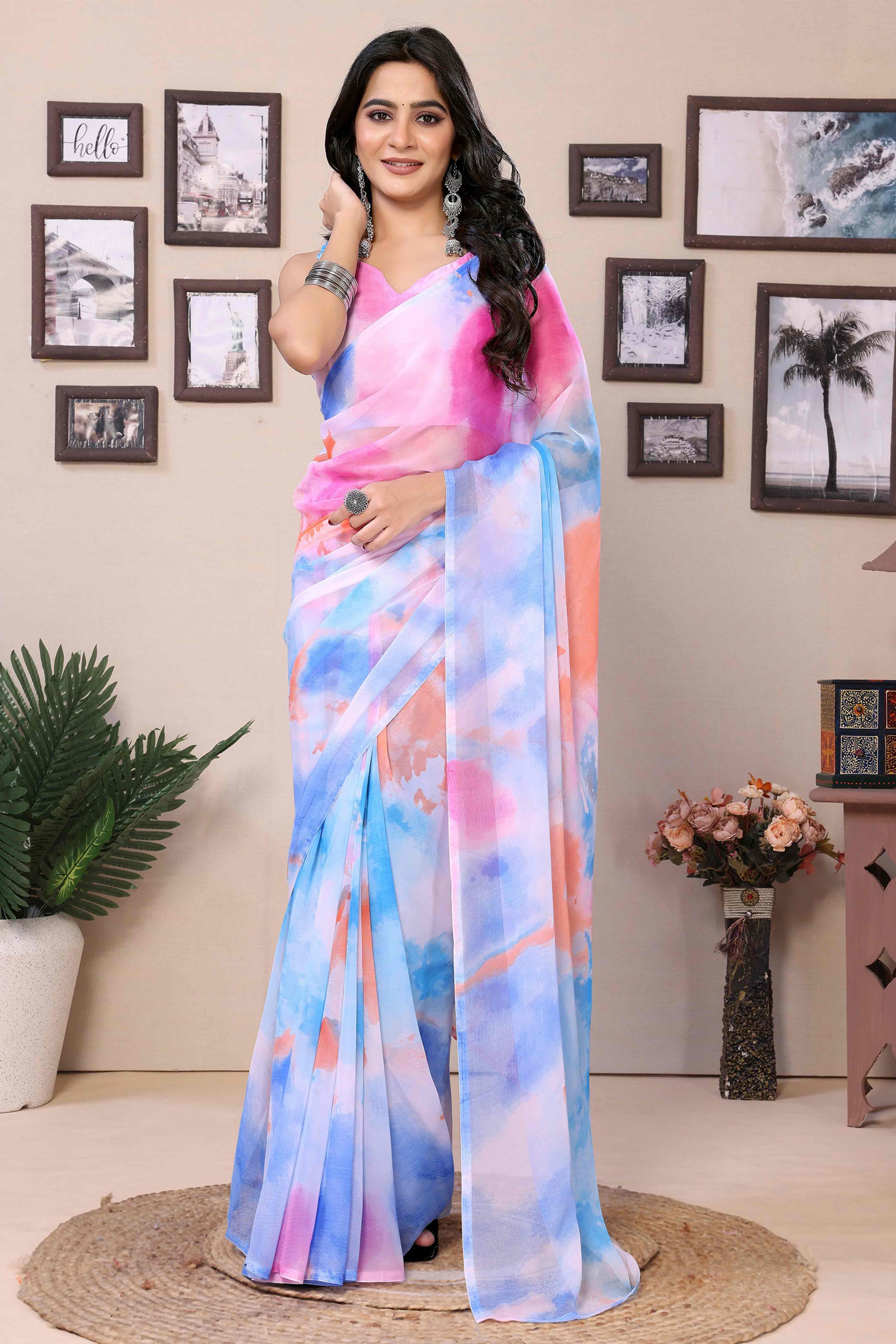 Sky Blue & Pink Printed Georgette Ready To Wear Ombre Saree