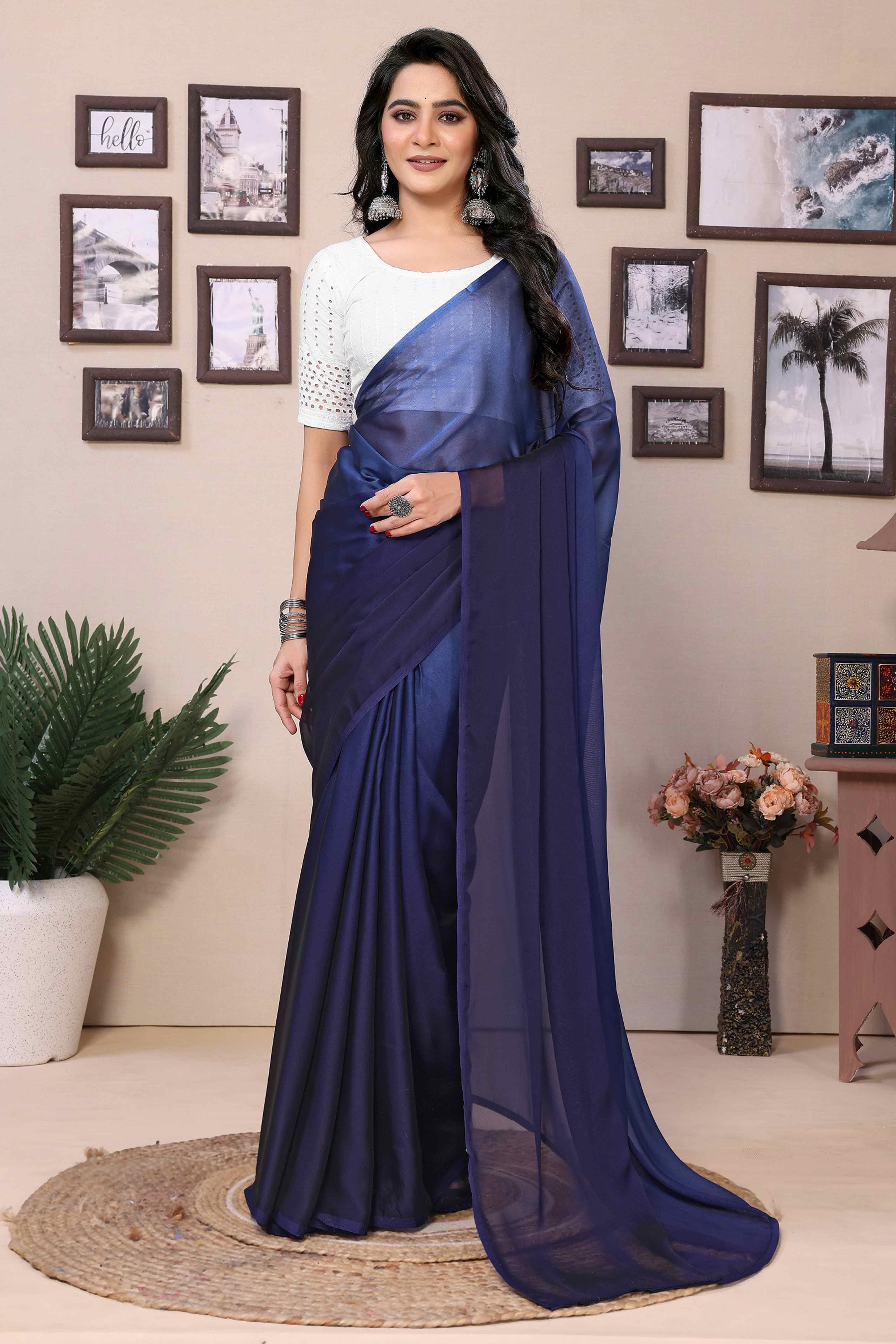 Blue Solid Satin Ready To Wear Ombre Saree