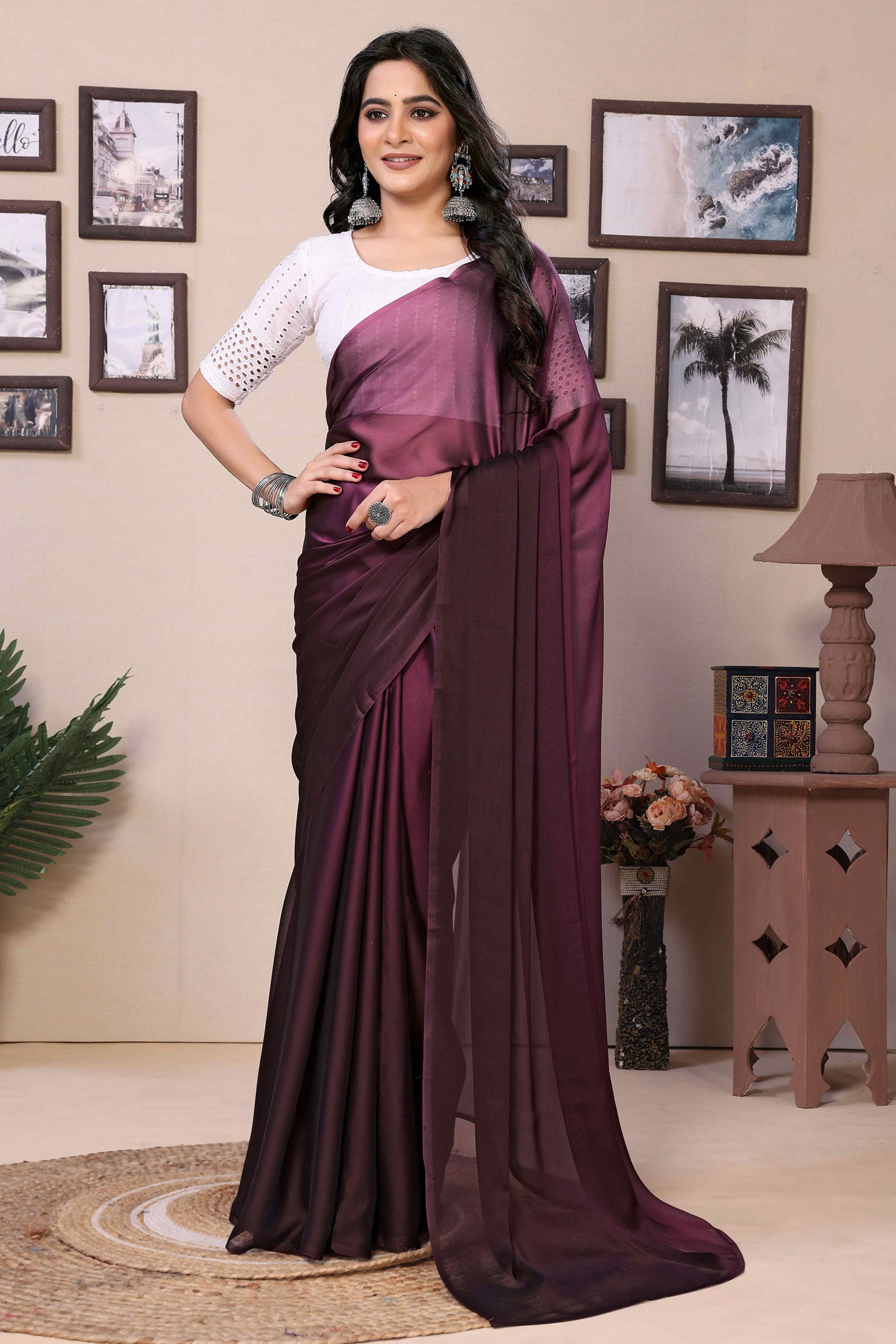 Wine Solid Satin Ready To Wear Ombre Saree