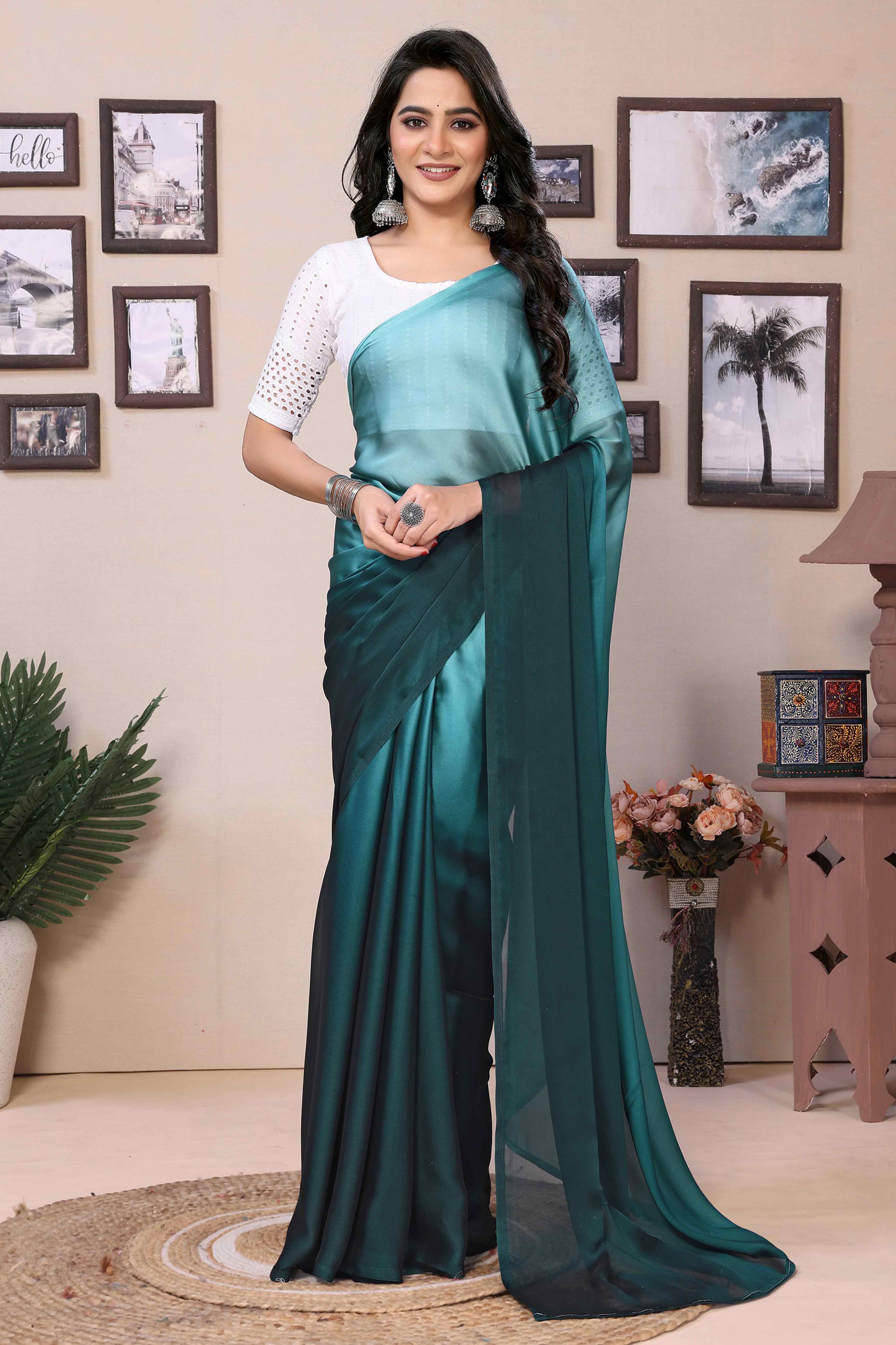 Morpich Green Solid Satin Ready To Wear Ombre Saree