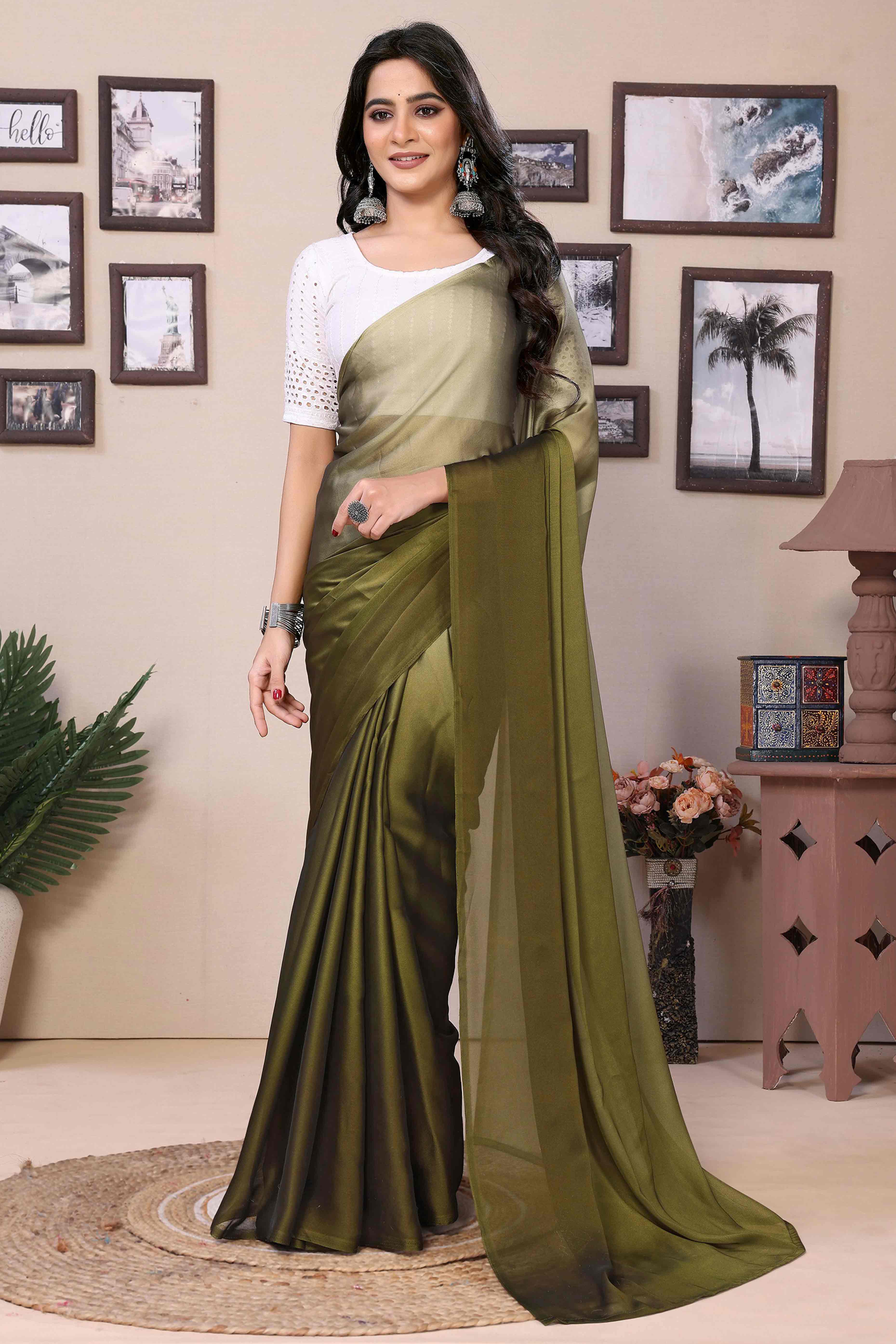 Mehendi Green Solid Satin Ready To Wear Ombre Saree