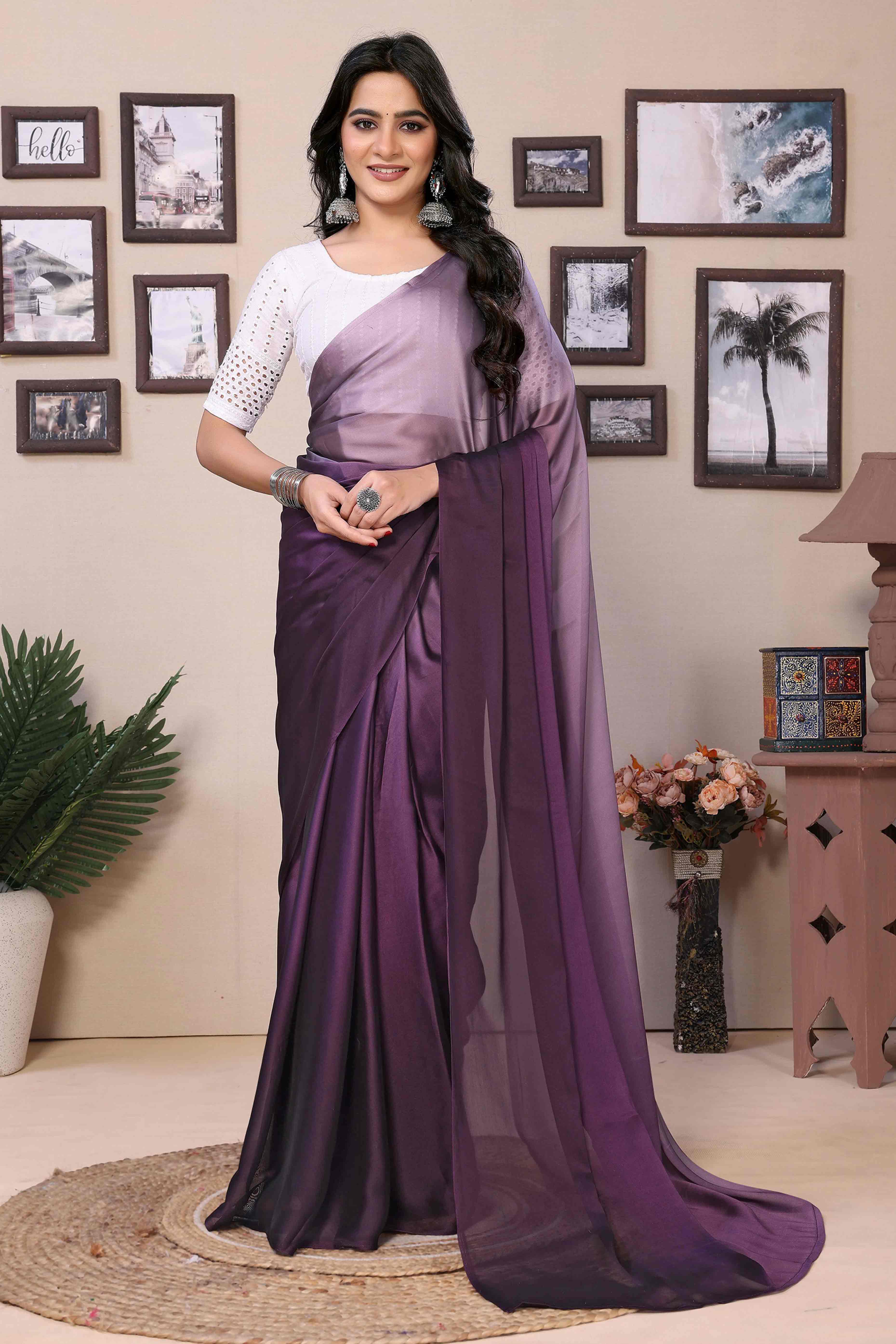 Purple Solid Satin Ready To Wear Ombre Saree