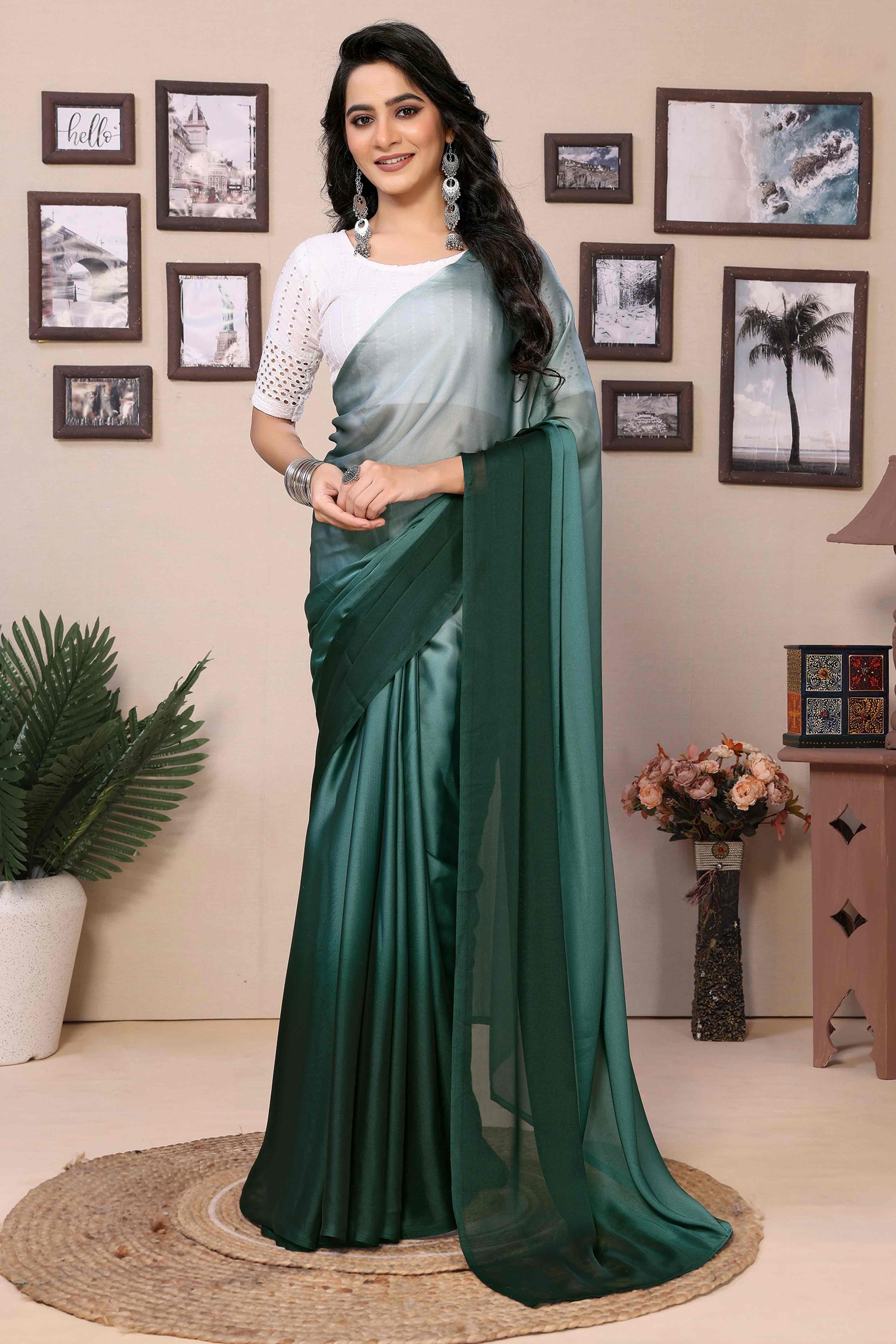 Green Solid Satin Ready To Wear Ombre Saree