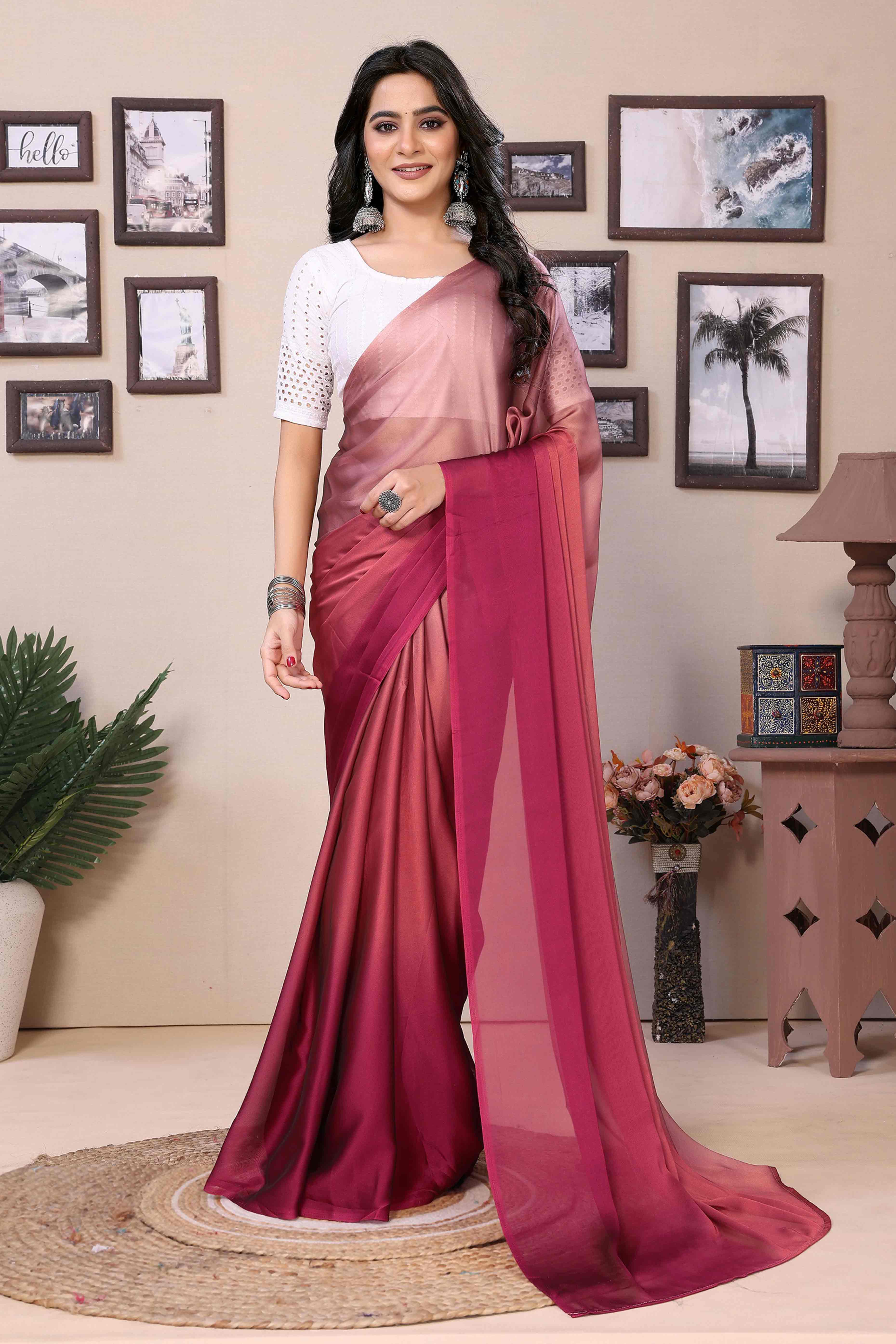 Magenta Solid Satin Ready To Wear Ombre Saree