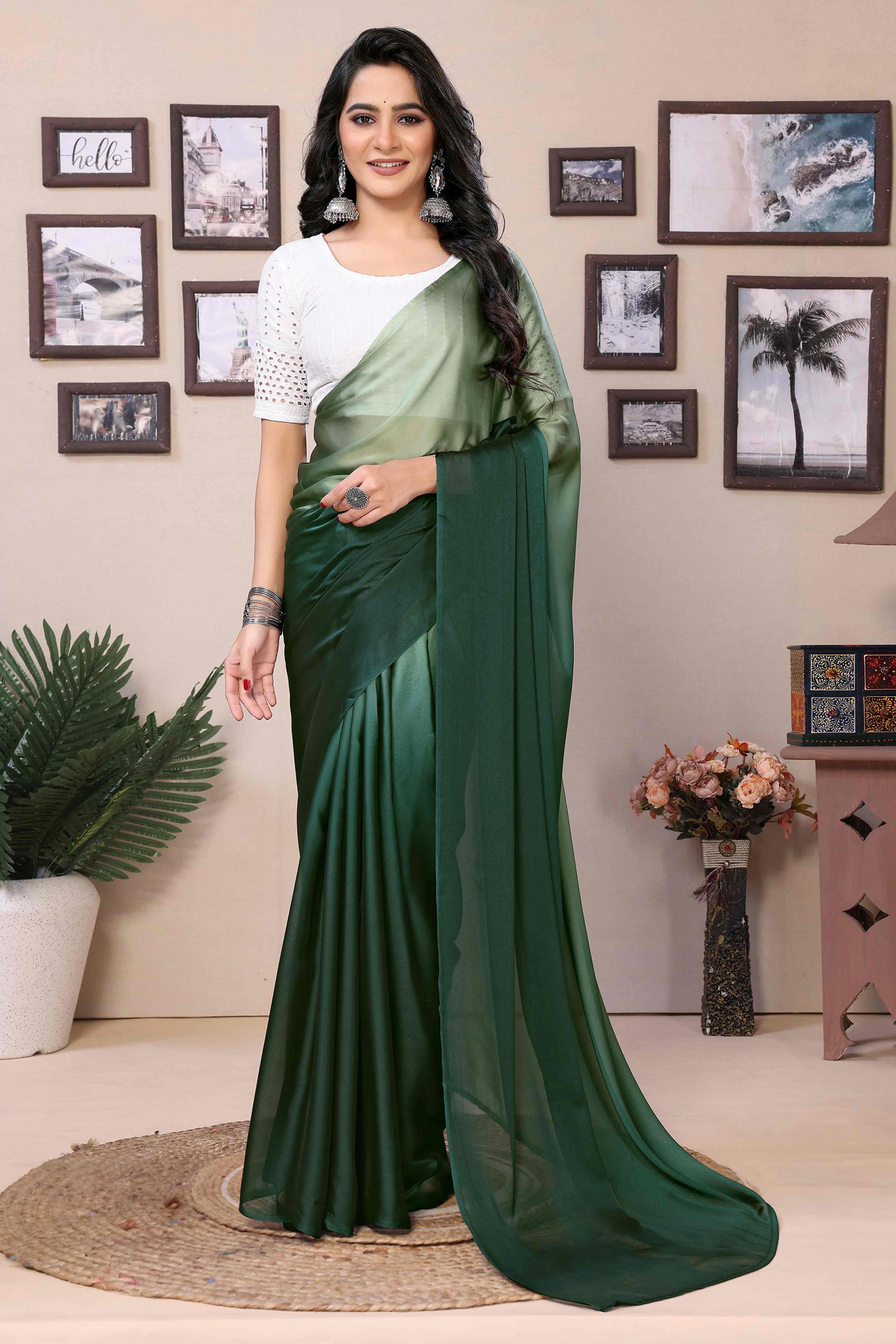 Green Solid Satin Ready To Wear Ombre Saree