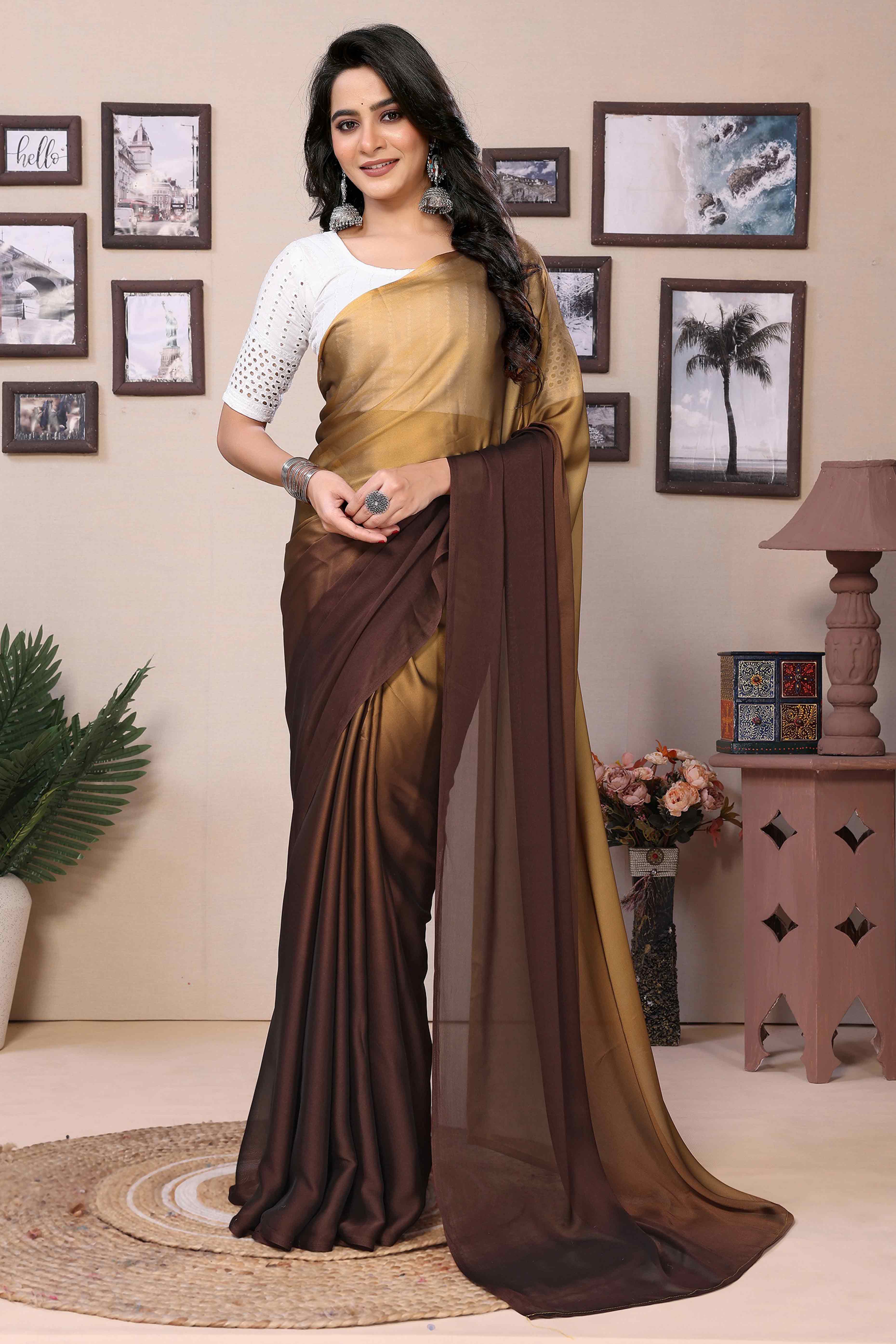 Brown Solid Satin Ready To Wear Ombre Saree