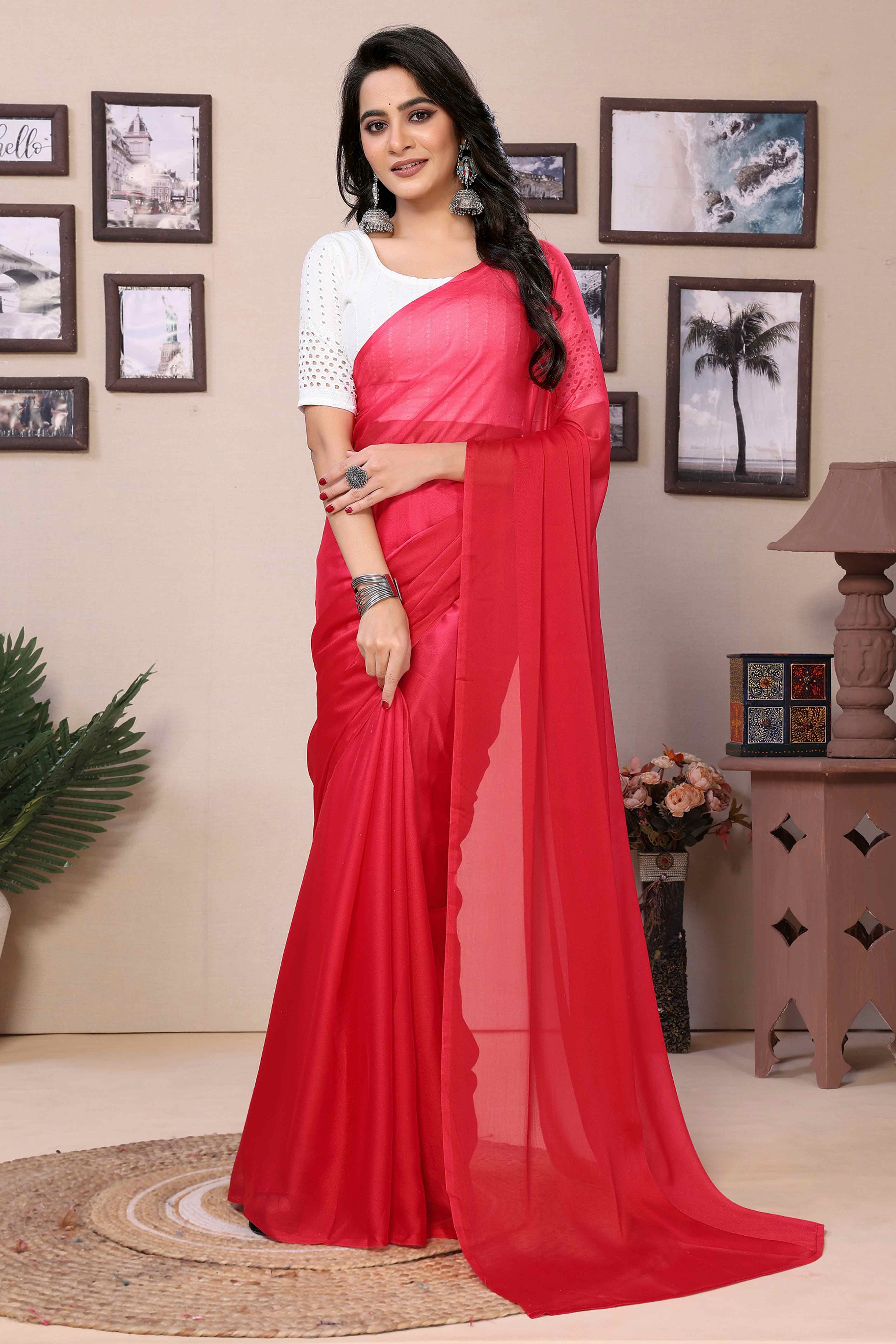 Pink Solid Satin Ready To Wear Ombre Saree