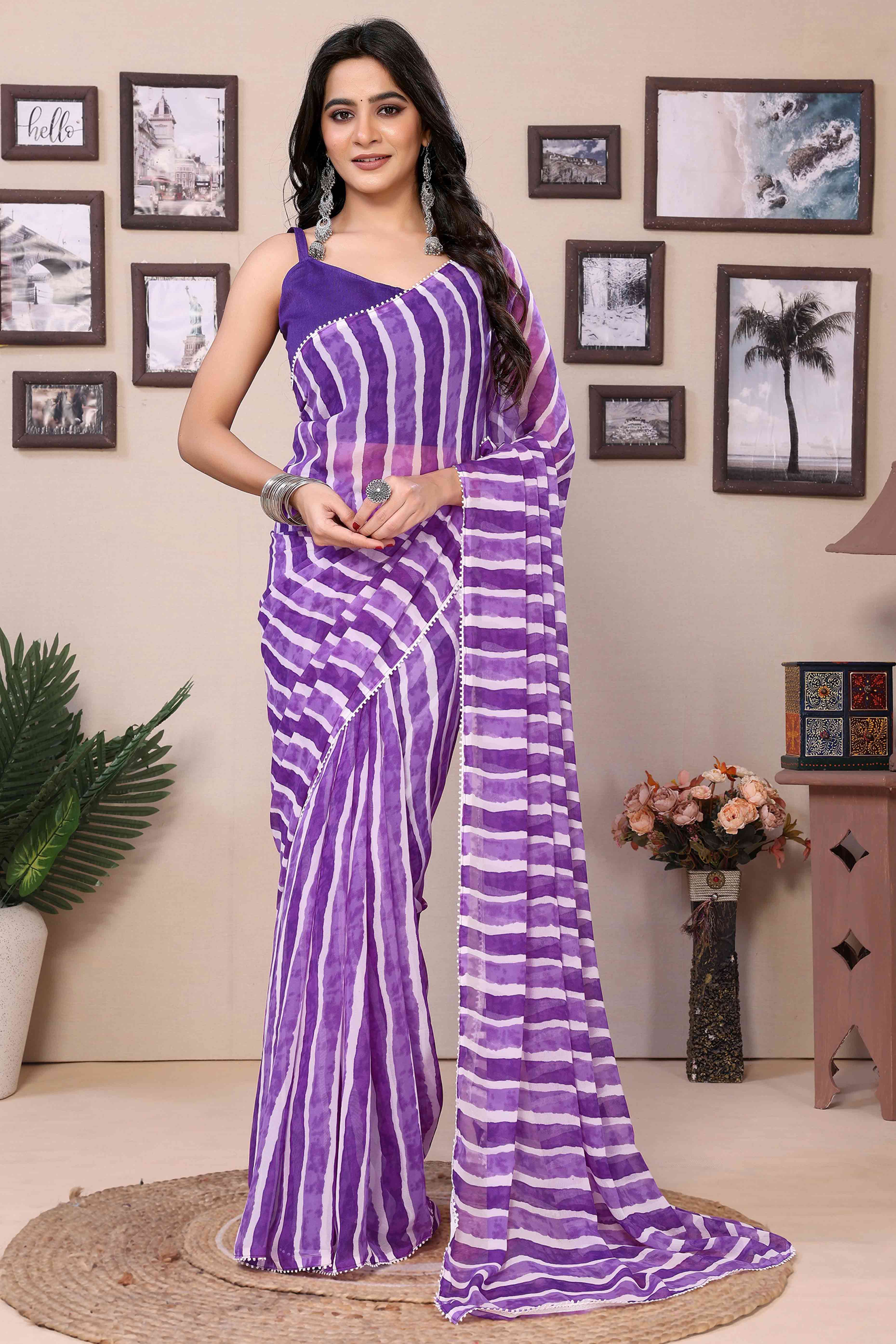 Violet Striped Printed Georgette Ready To Wear Saree