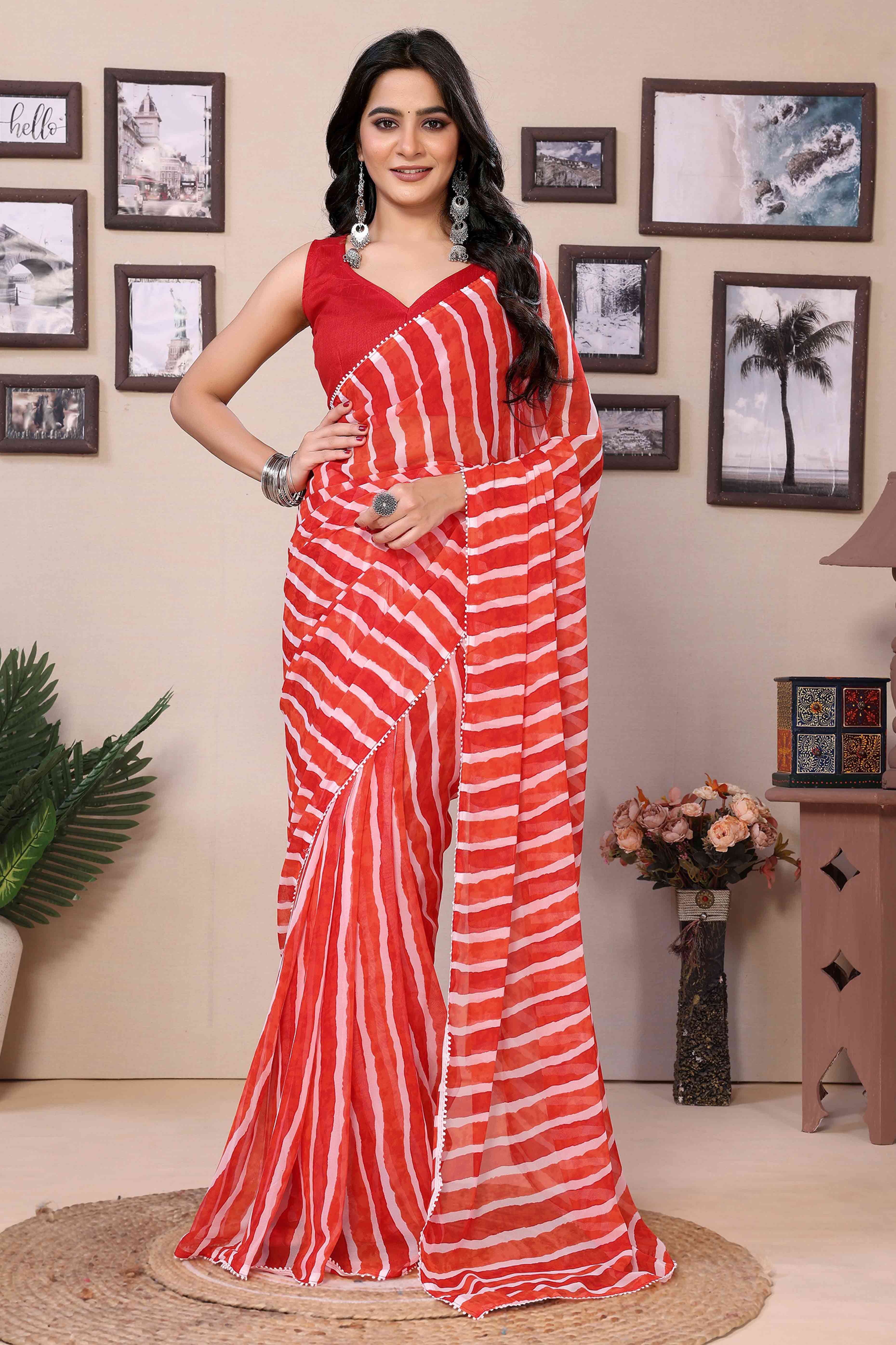 Red Striped Printed Georgette Ready To Wear Saree