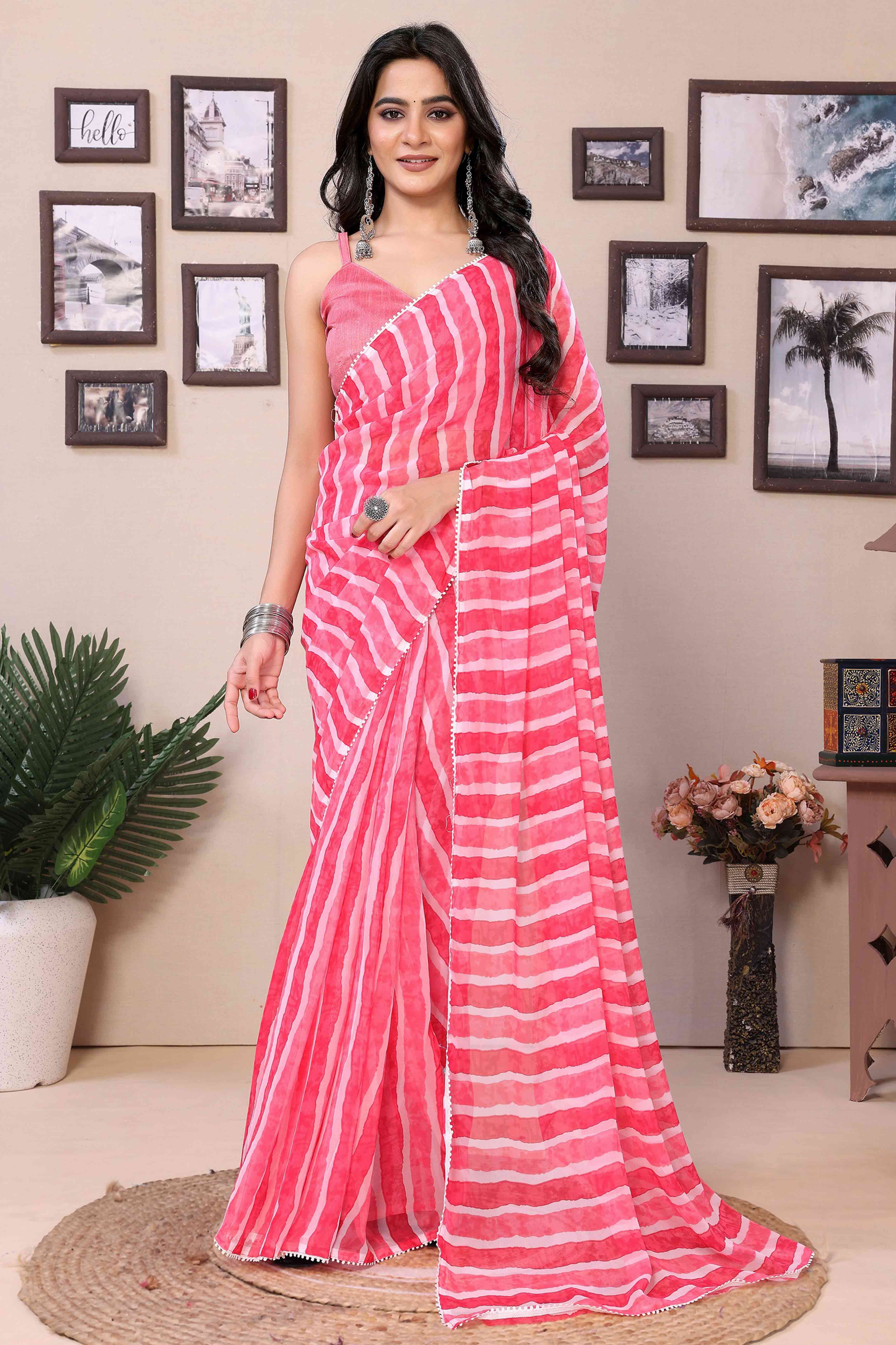 Pink Striped Printed Georgette Ready To Wear Saree