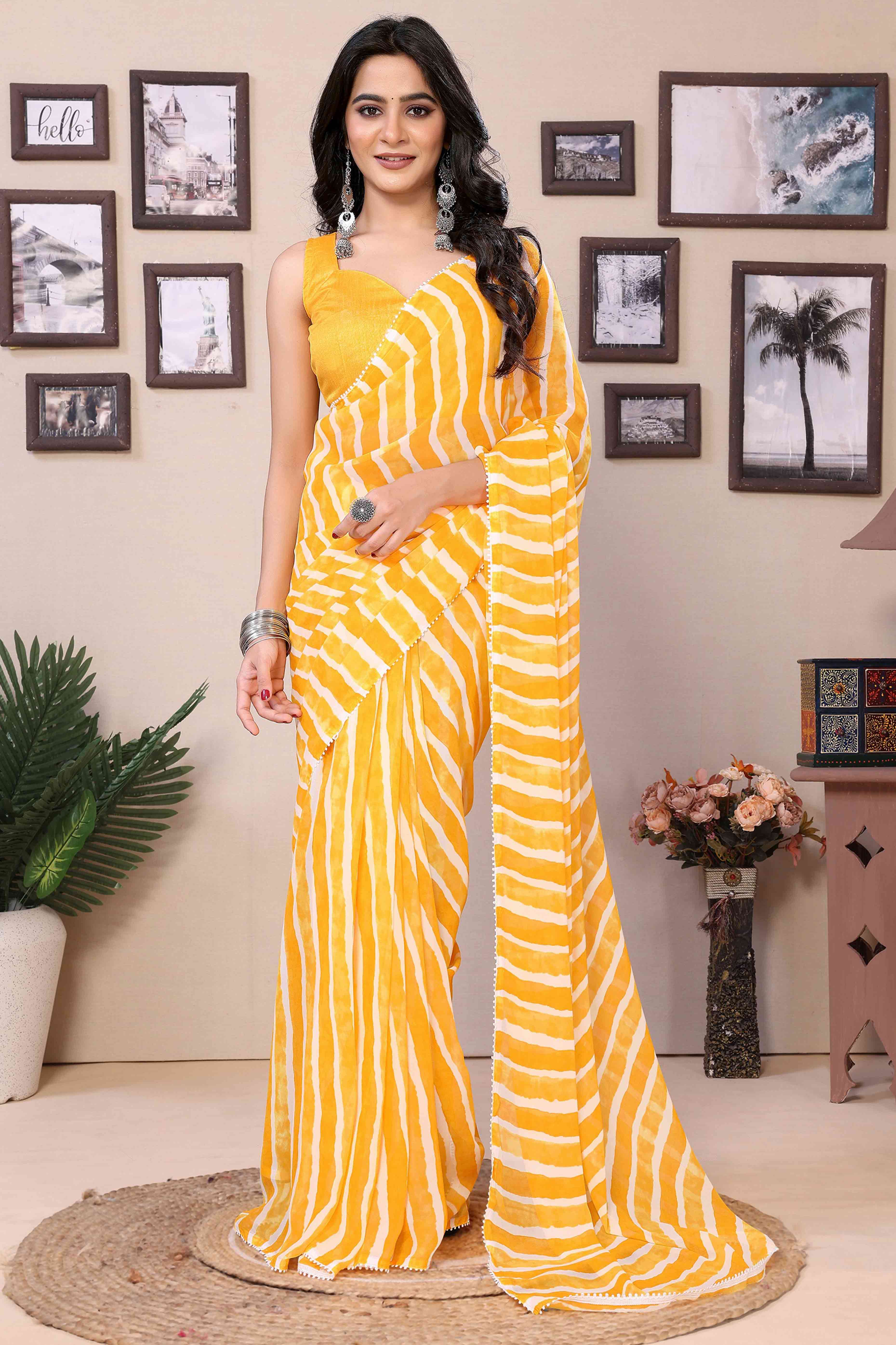 Yellow Striped Printed Georgette Ready To Wear Saree