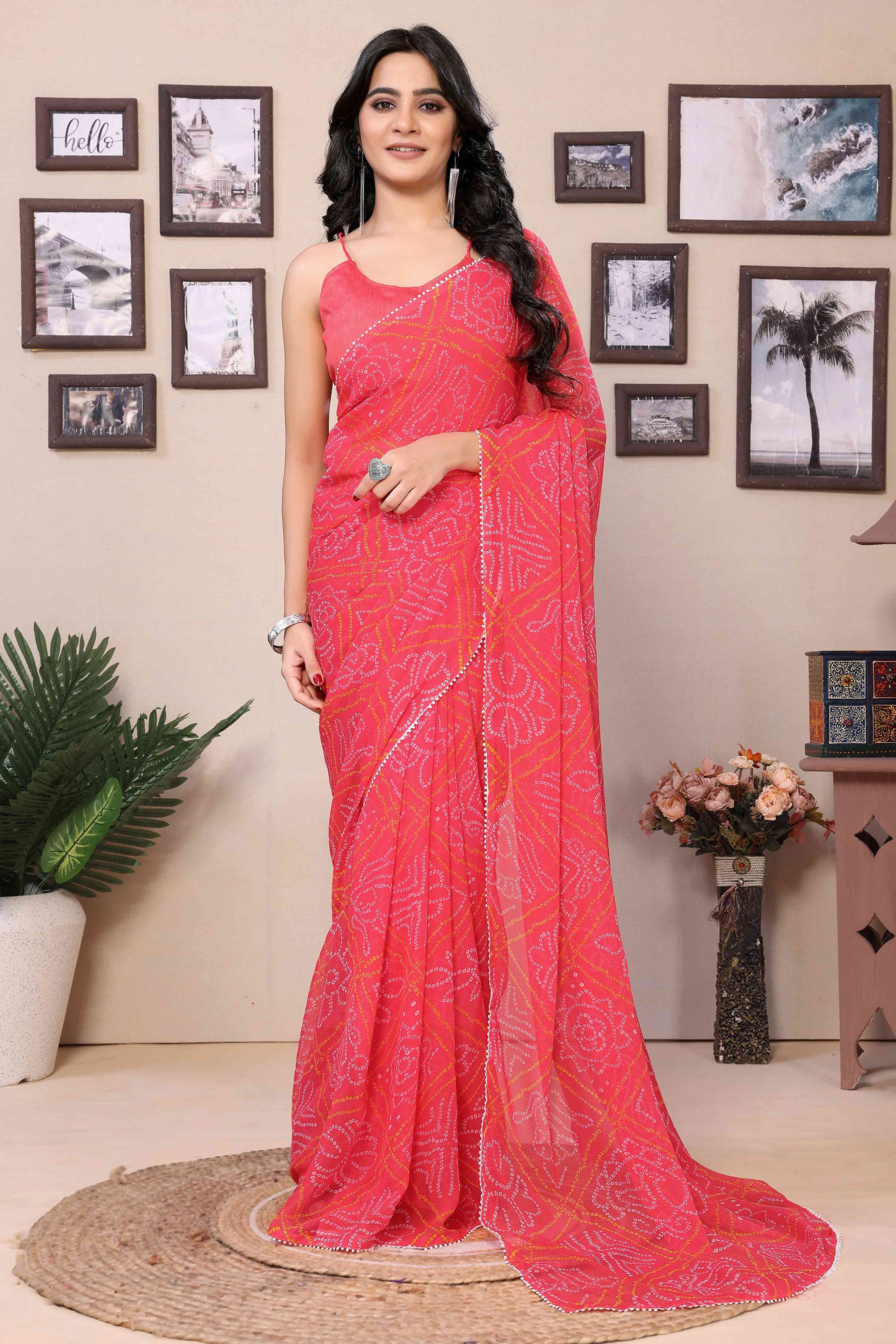 Pink Bandhani Printed Georgette Ready To Wear Saree