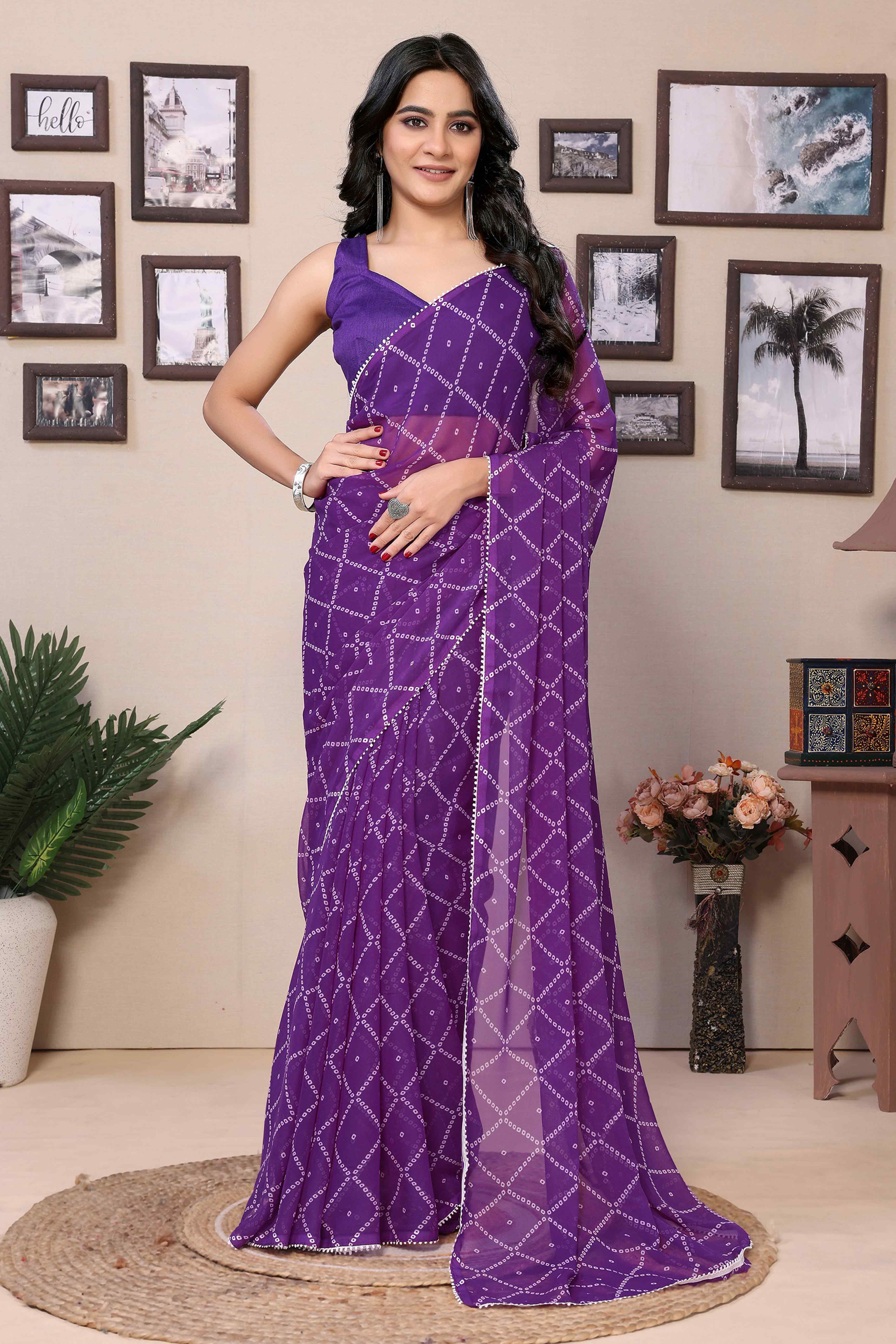 Purple Bandhani Printed Georgette Ready To Wear Saree