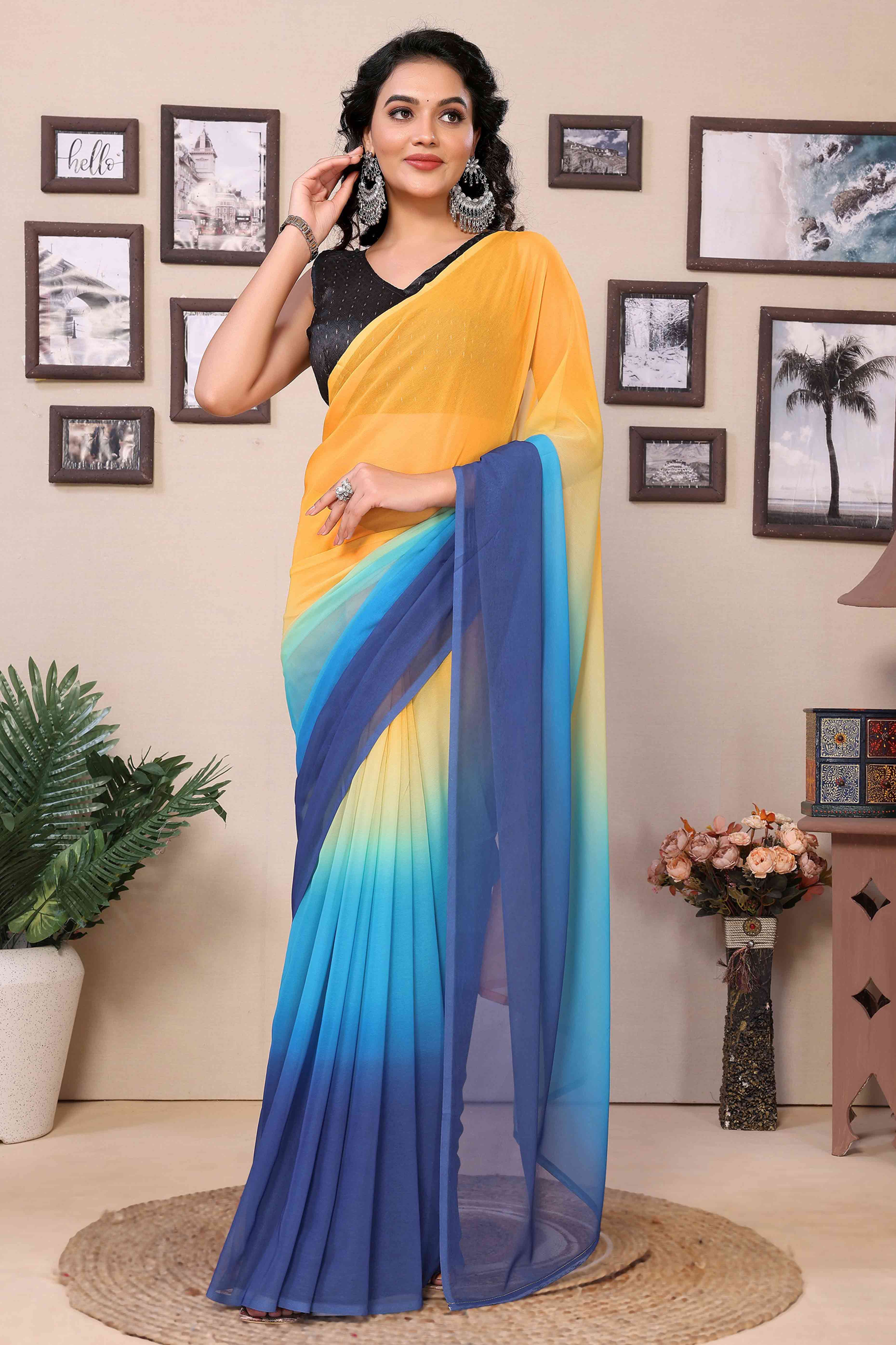 Yellow & Blue Solid Georgette Ready To Wear Ombre Saree