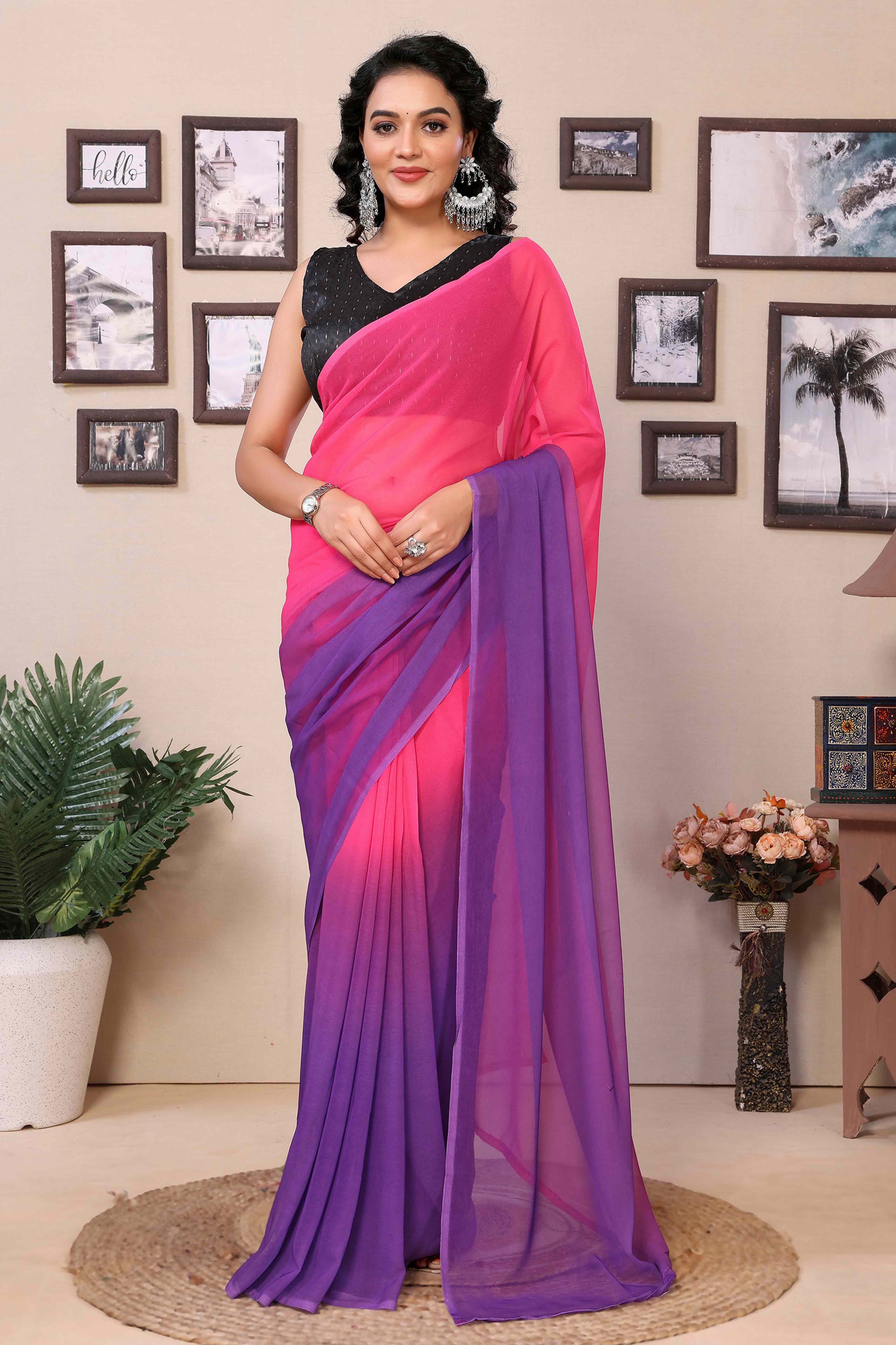 Pink & Purple Solid Georgette Ready To Wear Ombre Saree