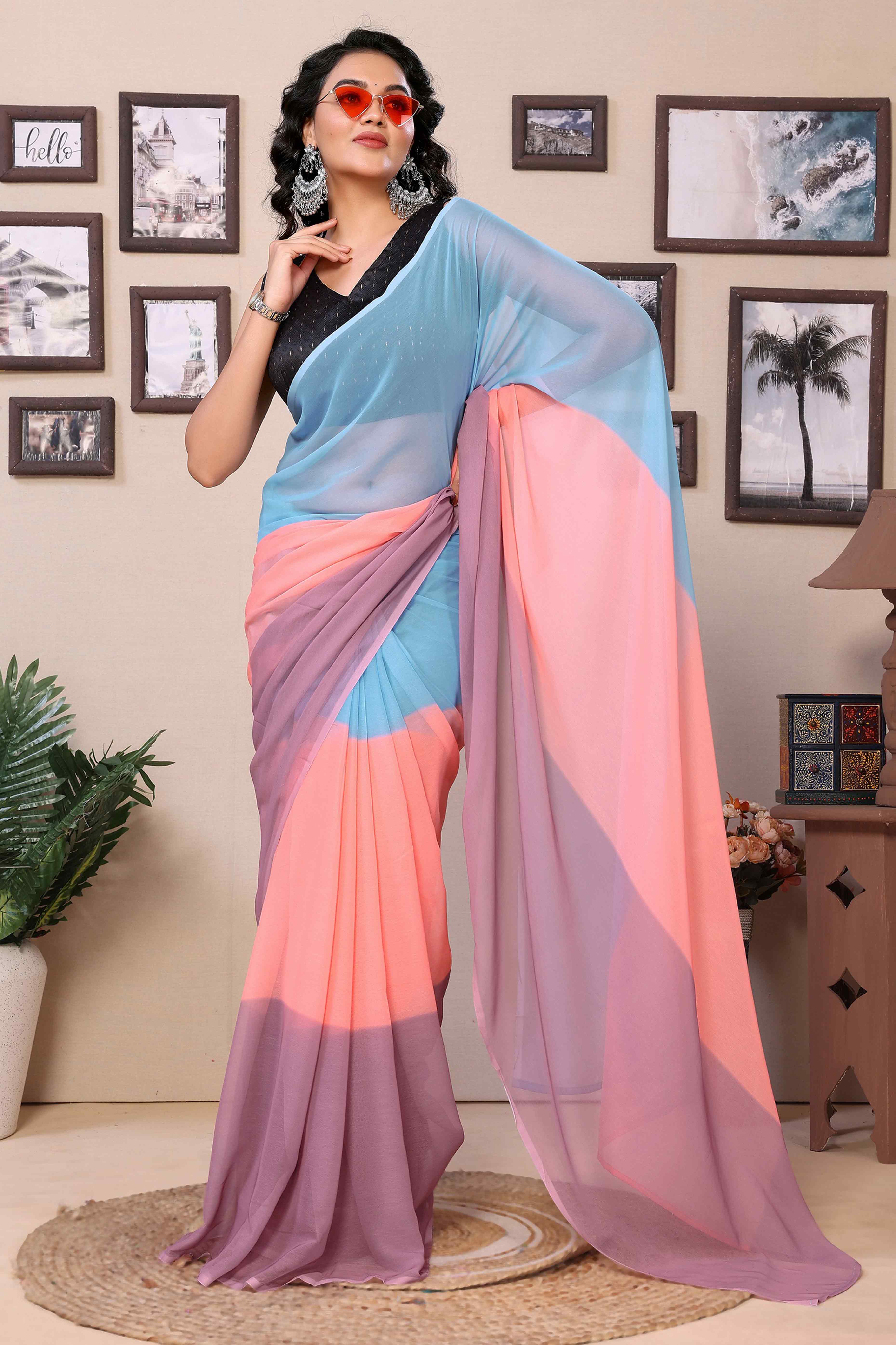 Multicolor Striped Printed Georgette Ready To Wear Saree