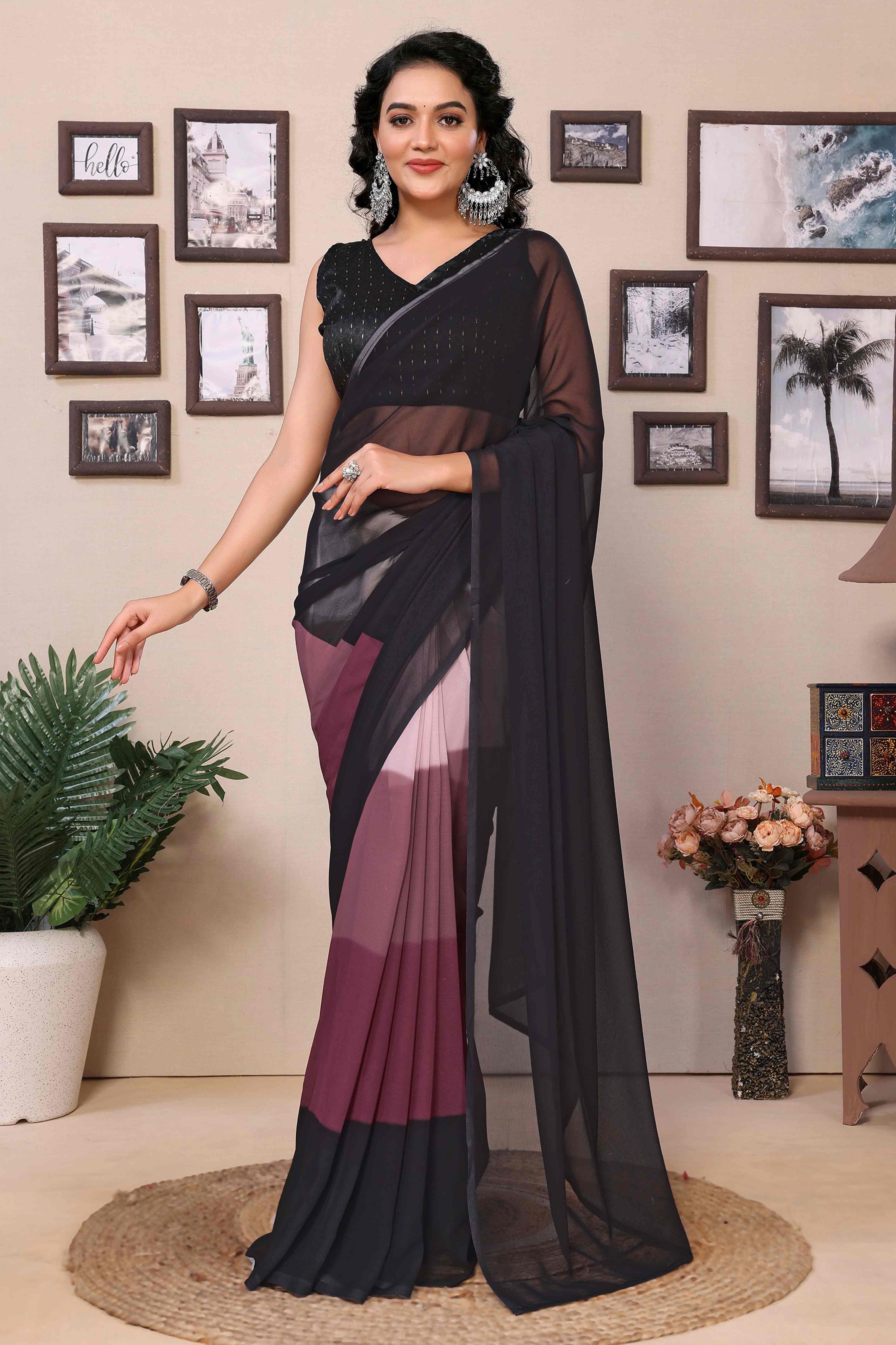 Multicolor Striped Printed Georgette Ready To Wear Saree