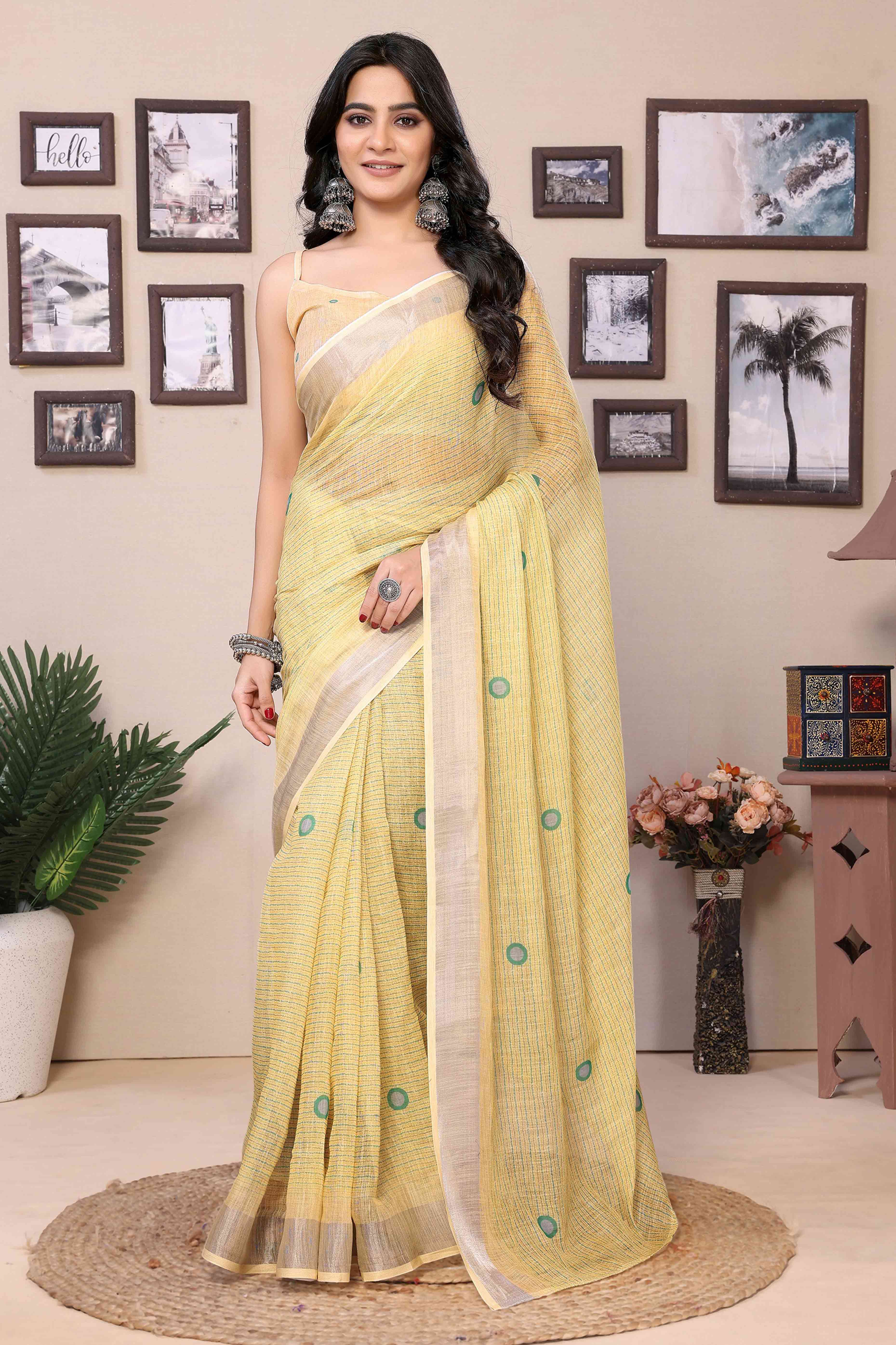 Yellow Geometric Digital Printed Cotton Blend Ready To Wear Saree
