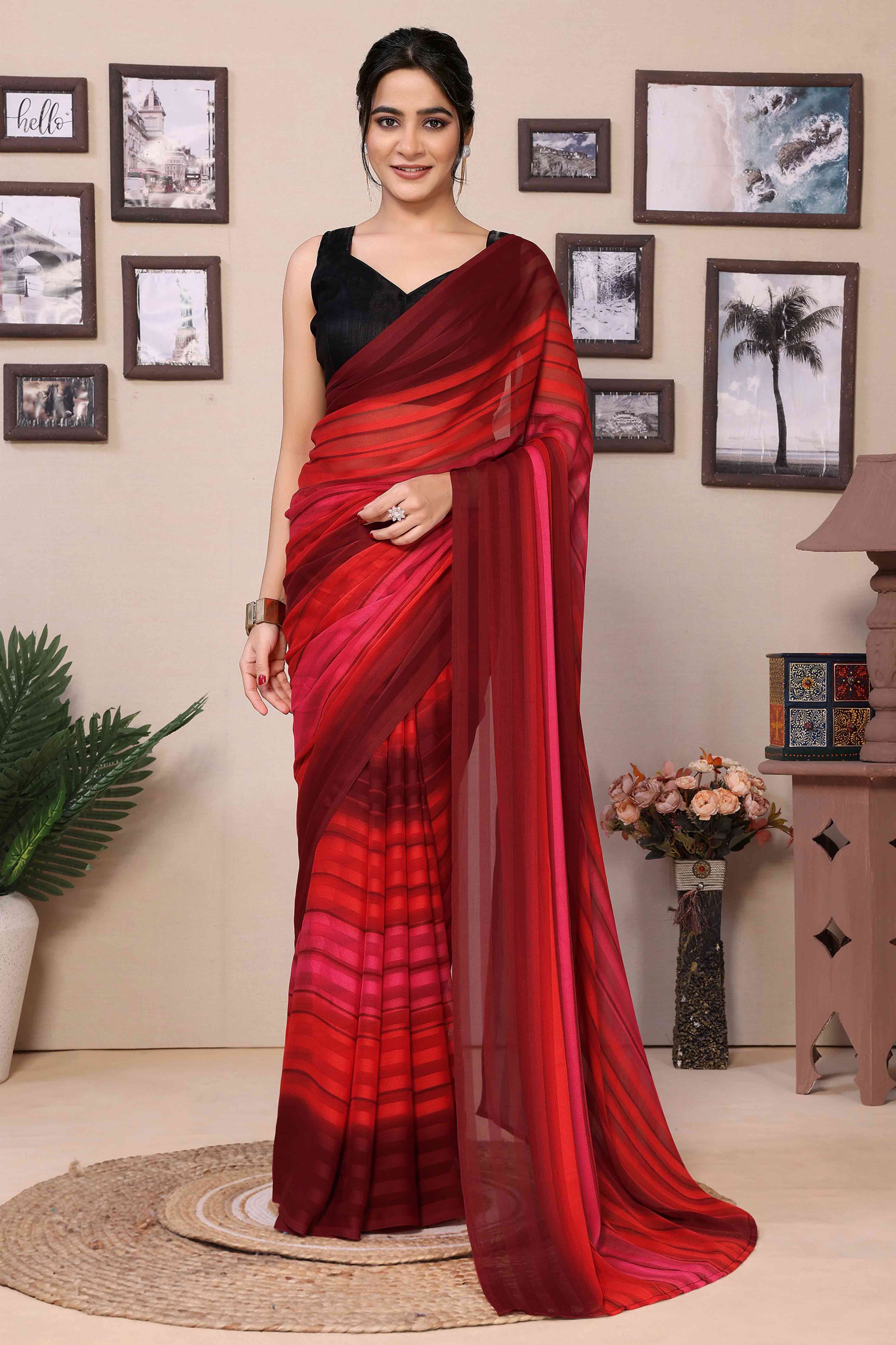 Red Striped Printed Georgette Satin Patta Ready To Wear Saree