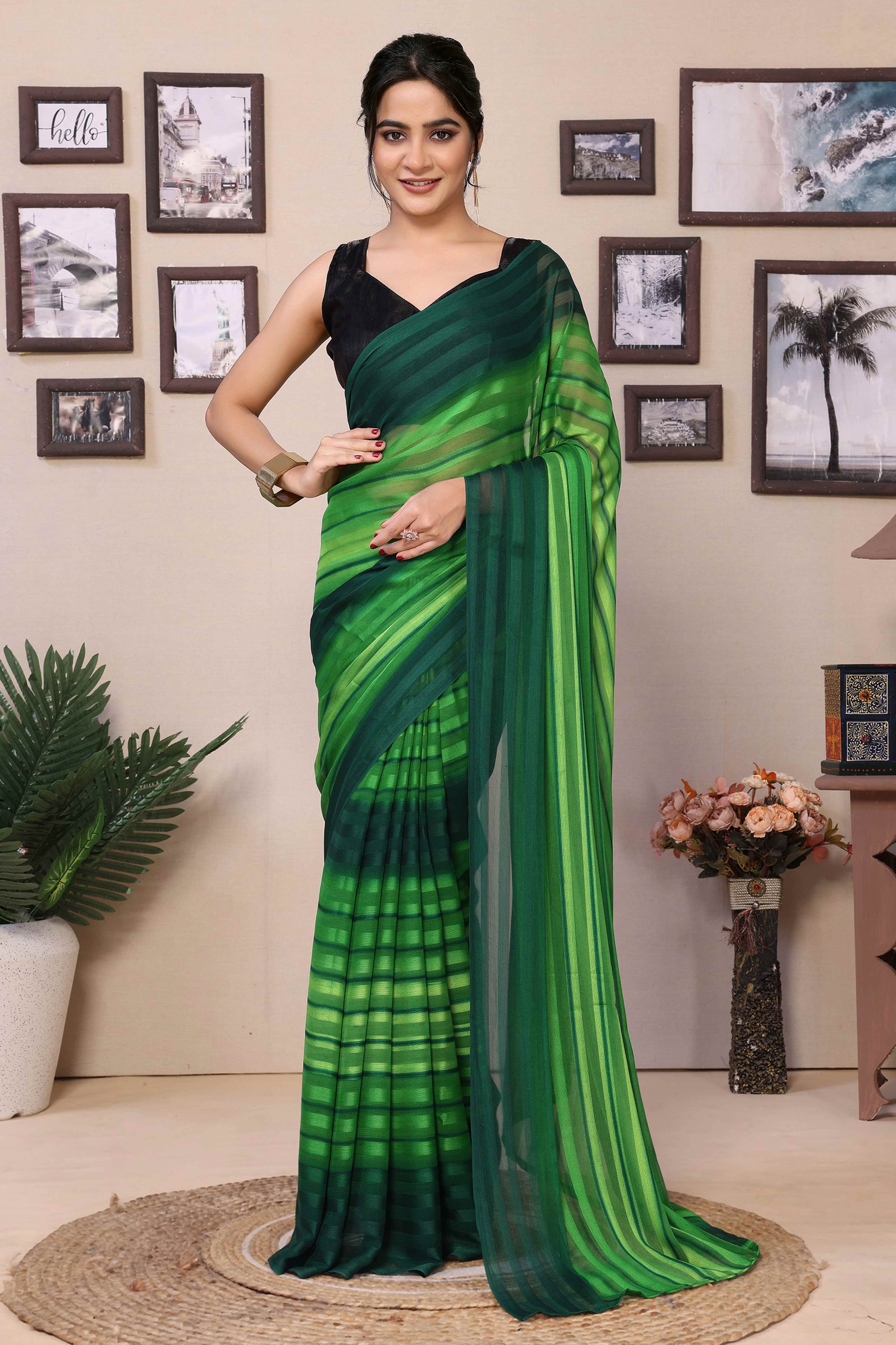 Green Striped Printed Georgette Satin Patta Ready To Wear Saree