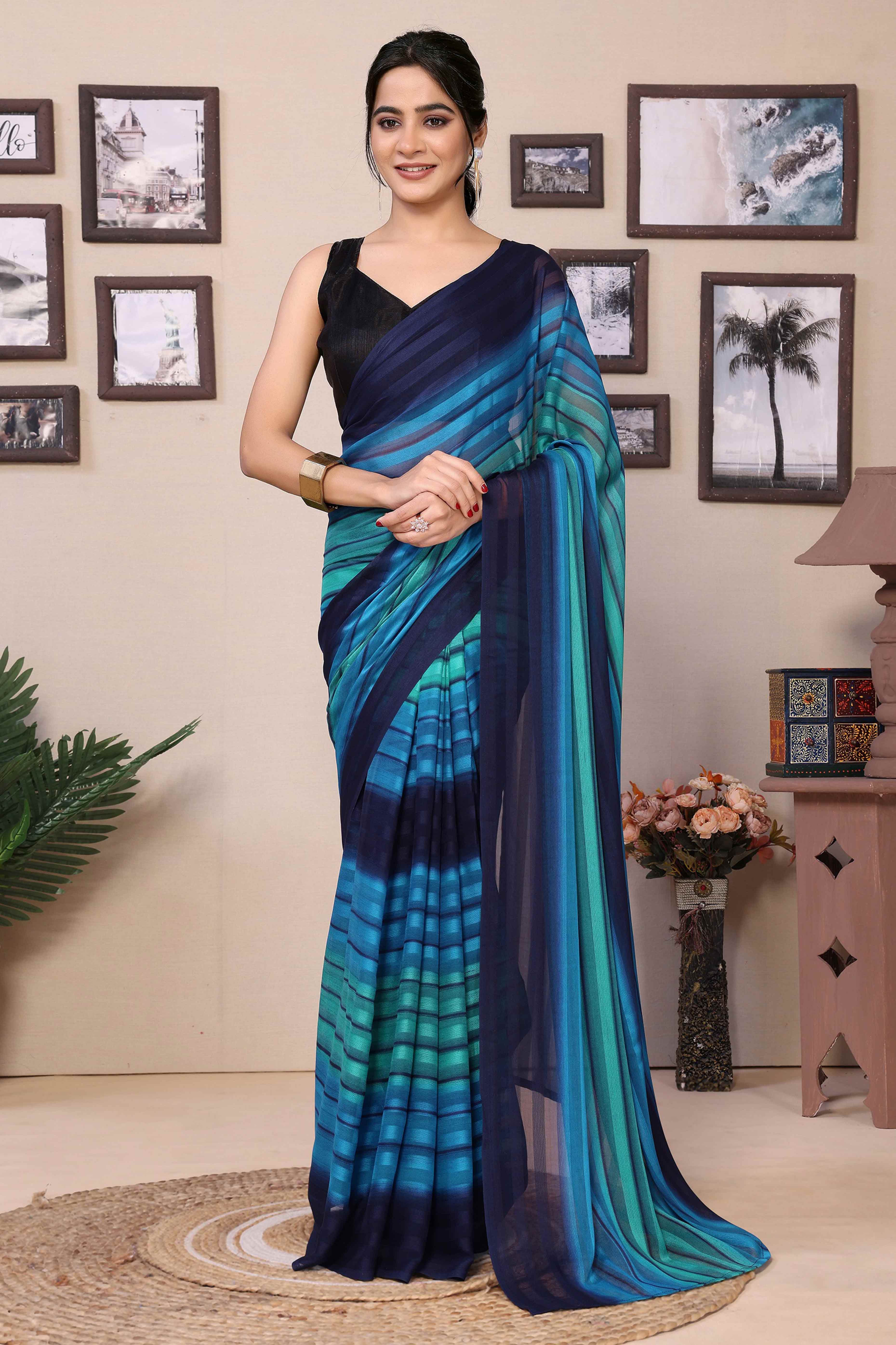 Blue Striped Printed Georgette Satin Patta Ready To Wear Saree