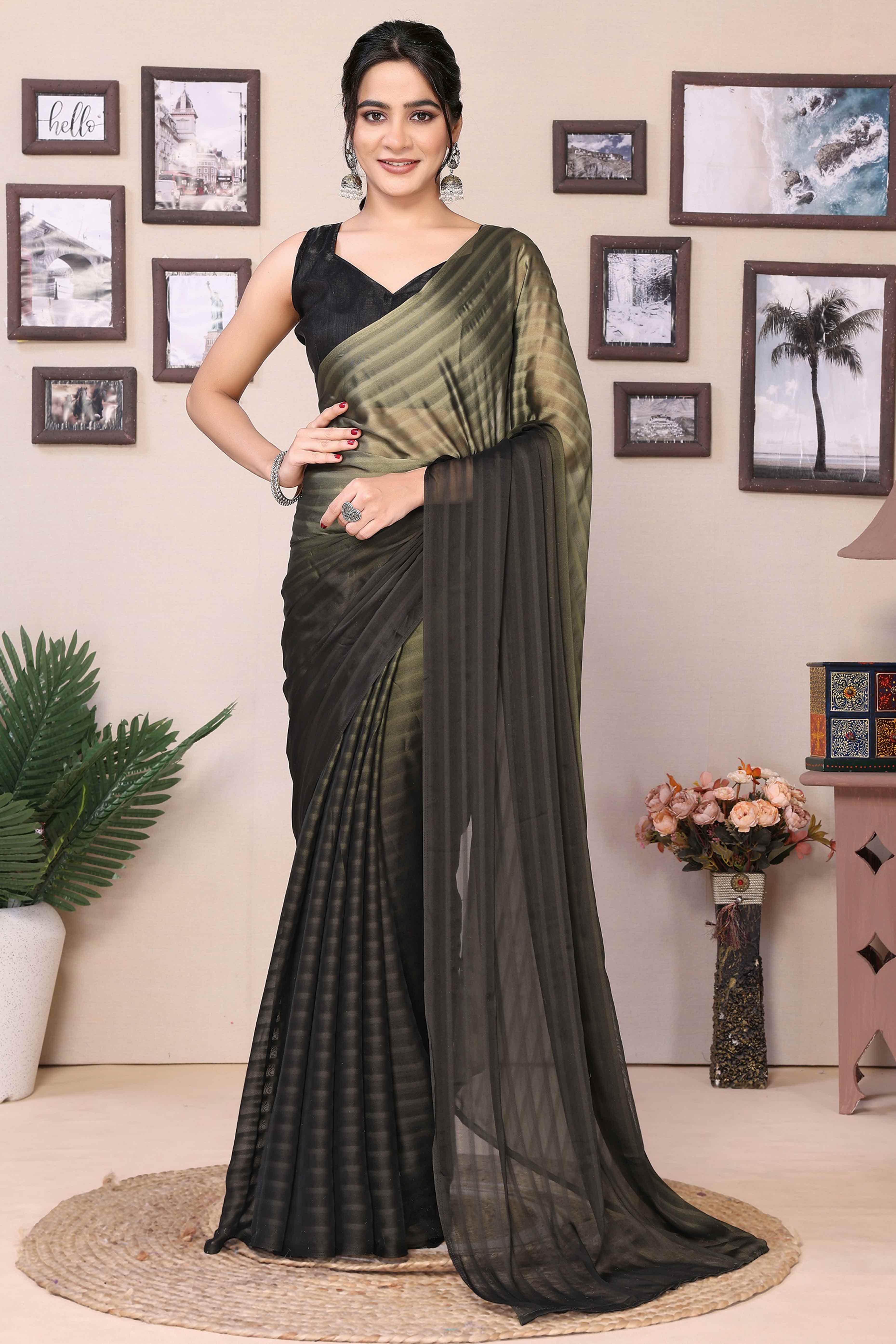 Olive & Black Striped Printed Georgette Satin Patta Ready To Wear Saree