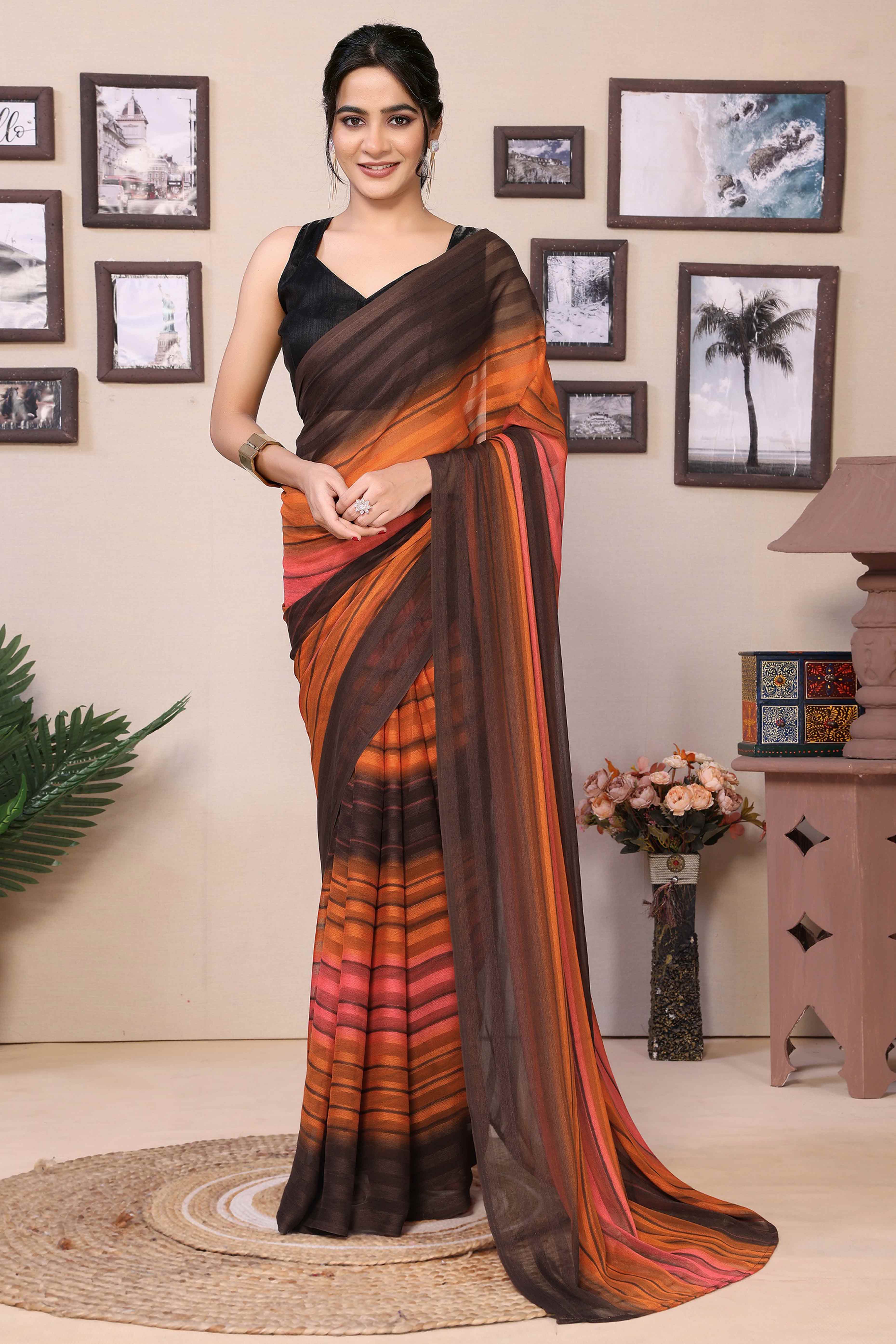 Orange Striped Printed Georgette Satin Patta Ready To Wear Saree