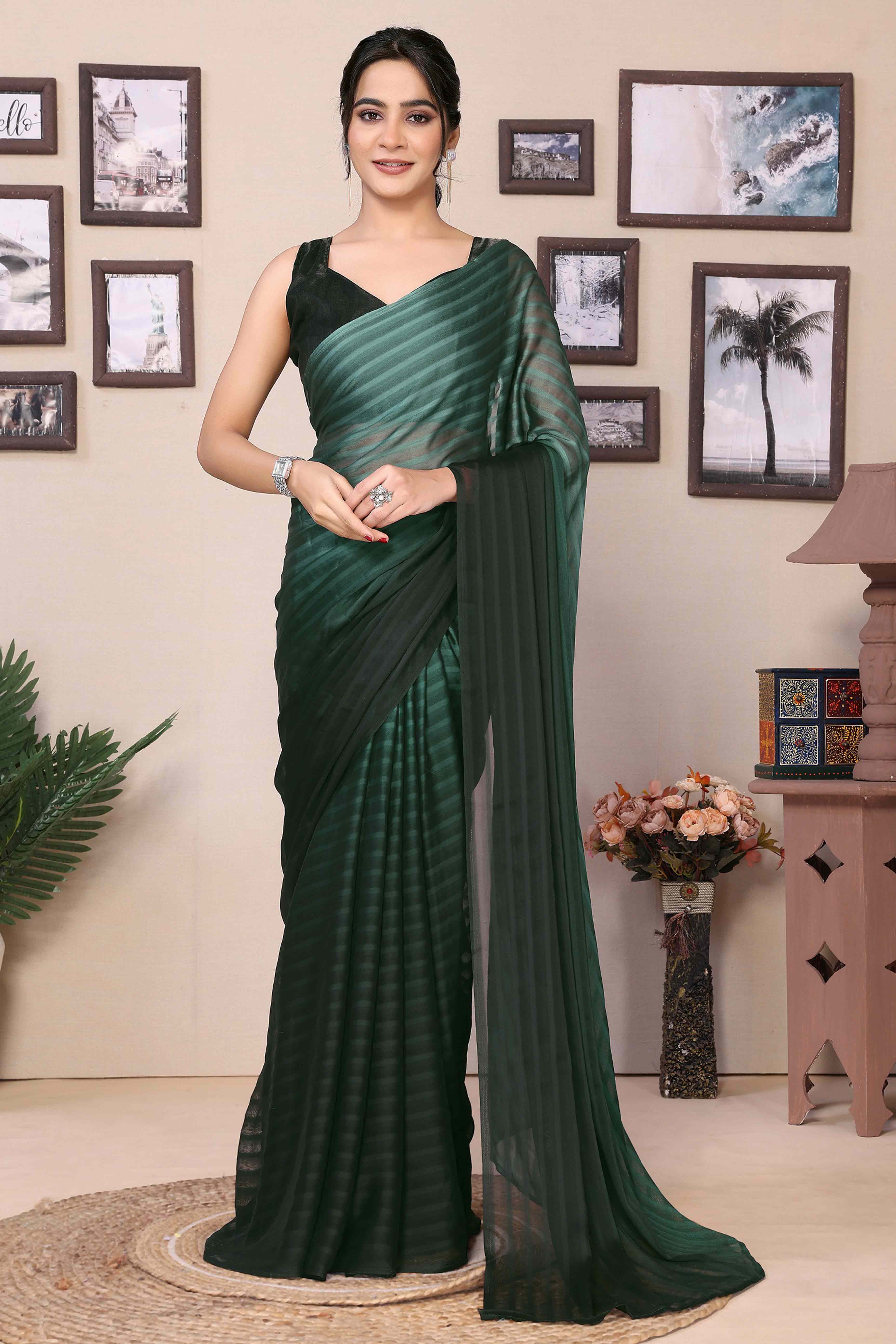 Green Striped Printed Georgette Satin Patta Ready To Wear Saree