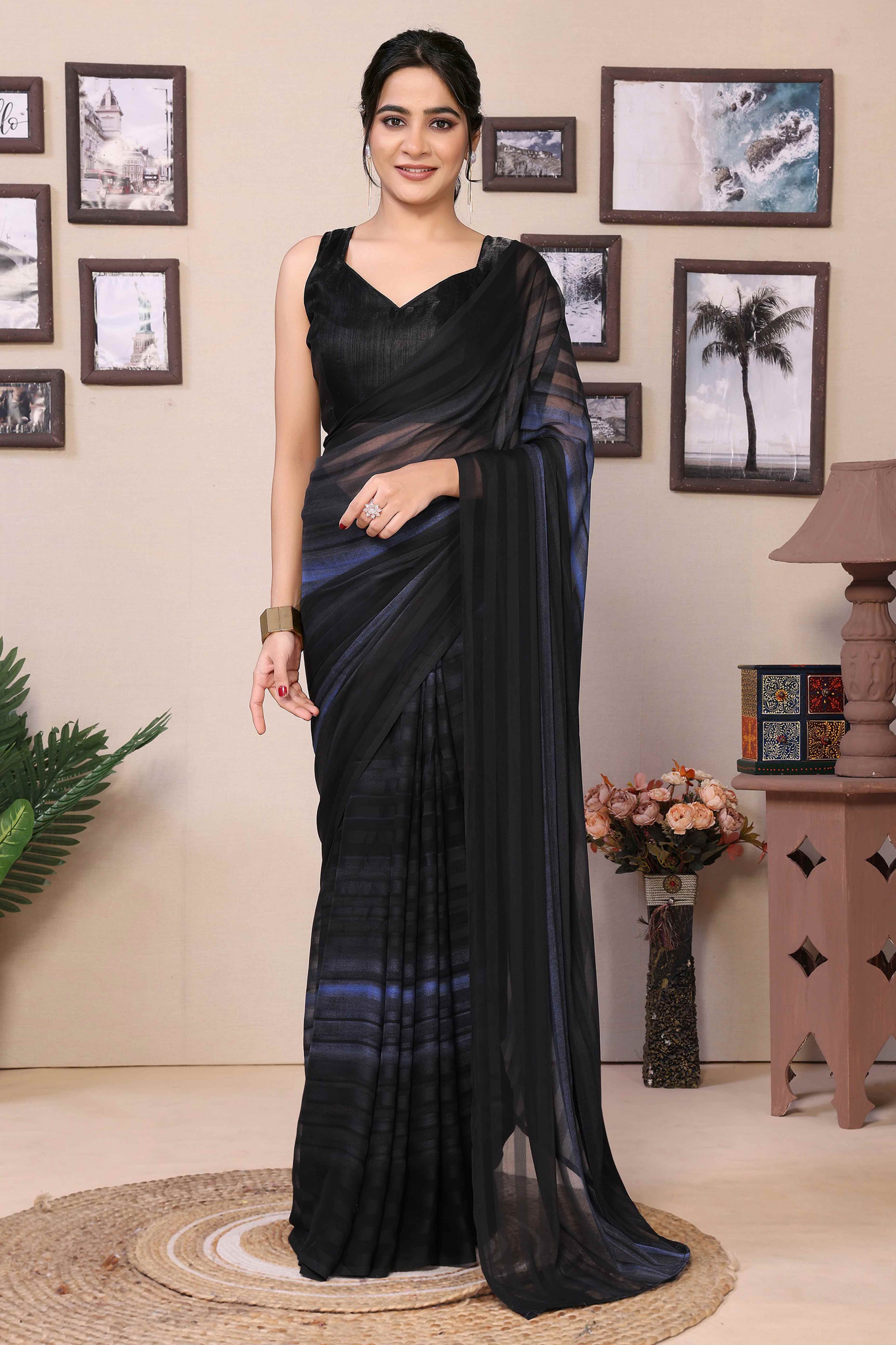 Black & Blue Striped Printed Georgette Satin Patta Ready To Wear Saree