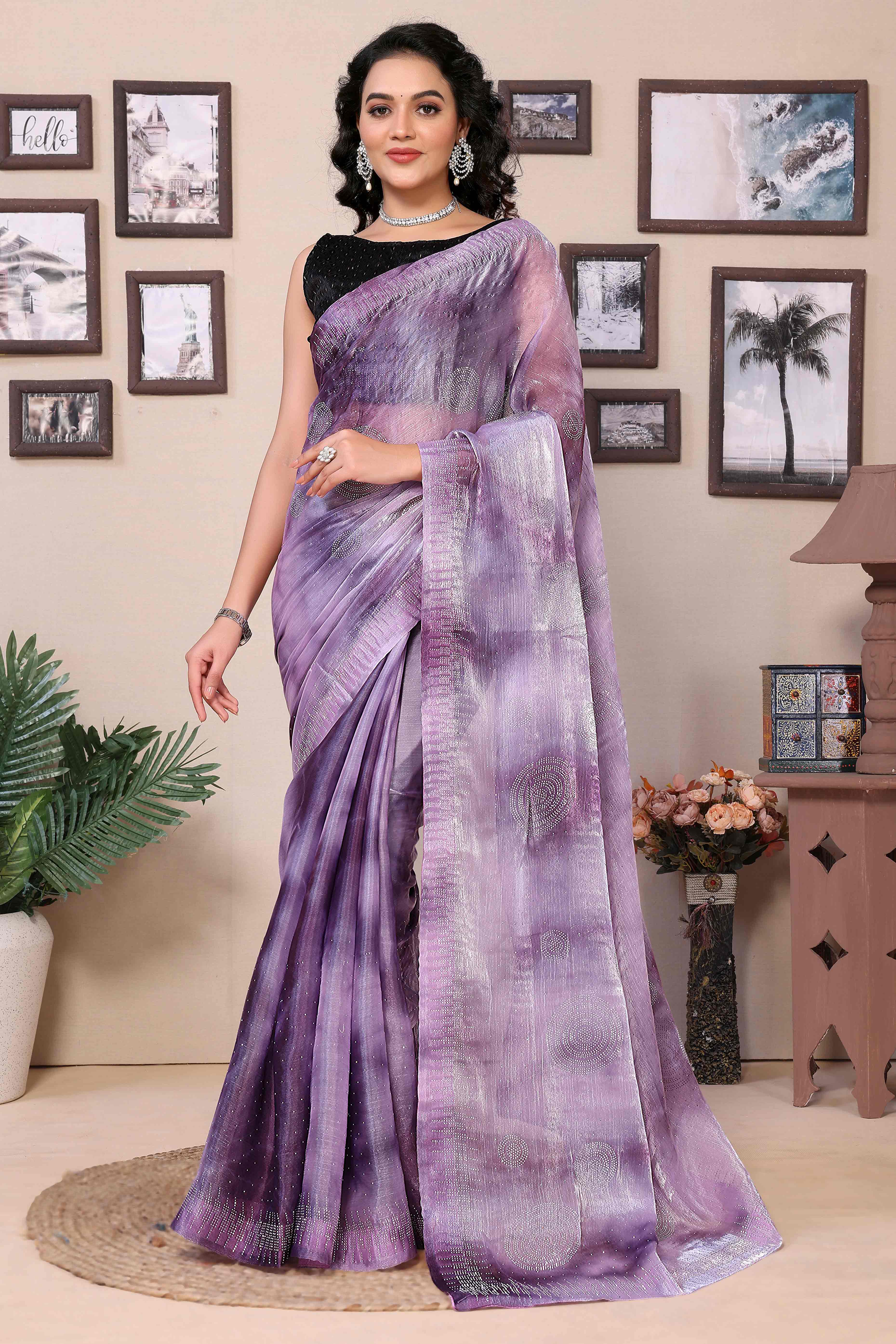 Purple Printed With Diamond Work Zimmi Choo Organza Ready To Wear Saree