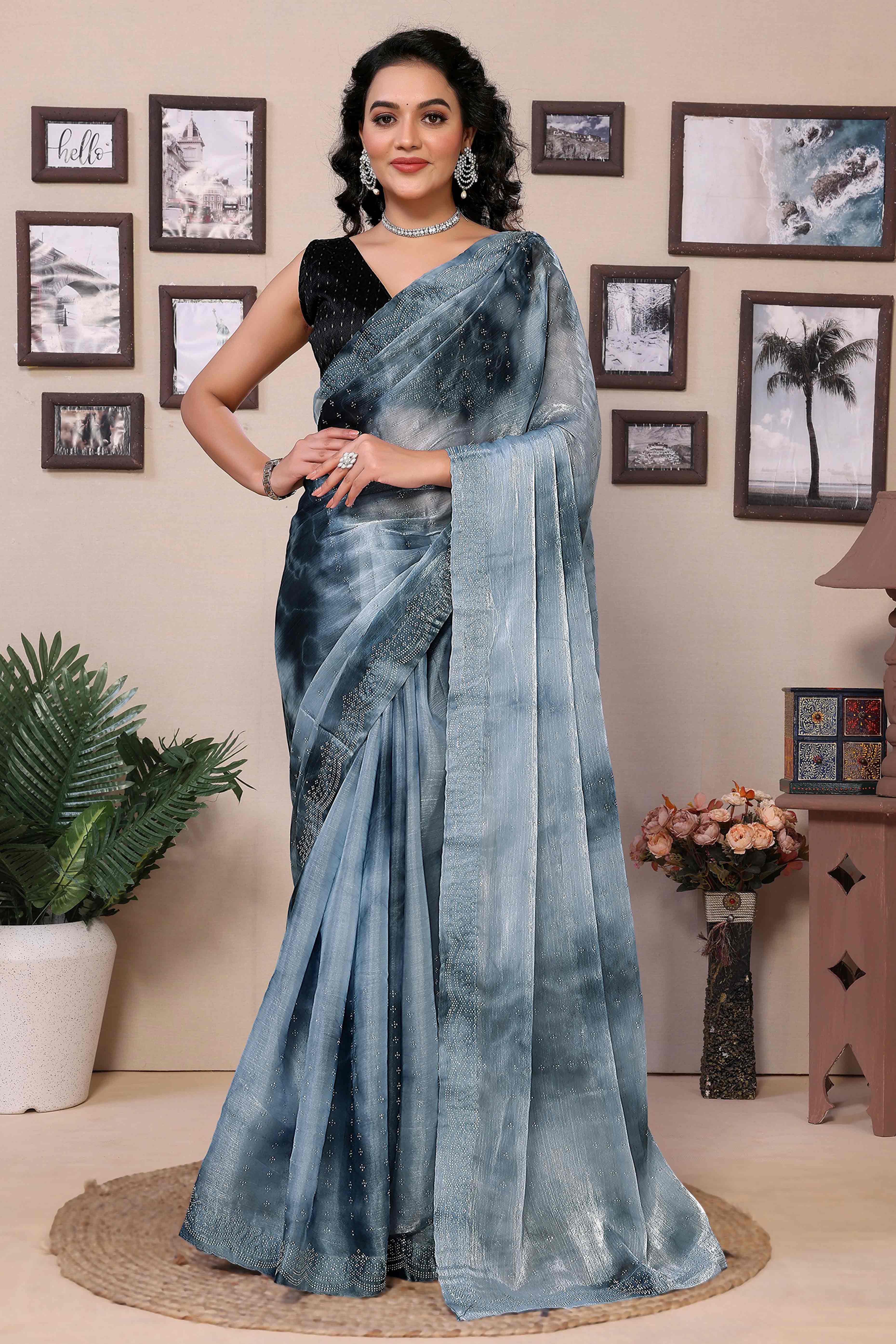 Grey Printed With Diamond Work Zimmi Choo Organza Ready To Wear Saree