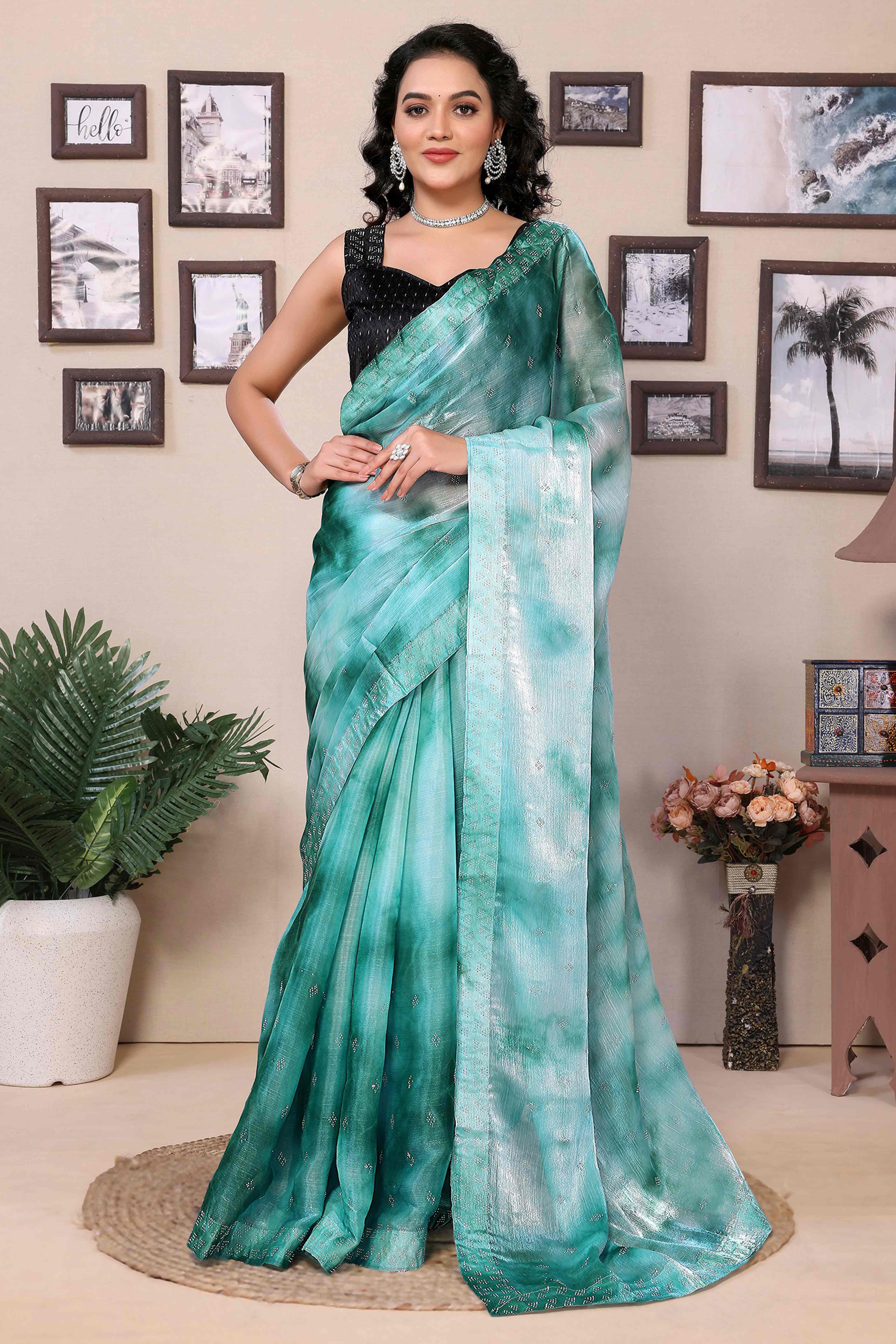 Aqua Blue Printed With Diamond Work Zimmi Choo Organza Ready To Wear Saree