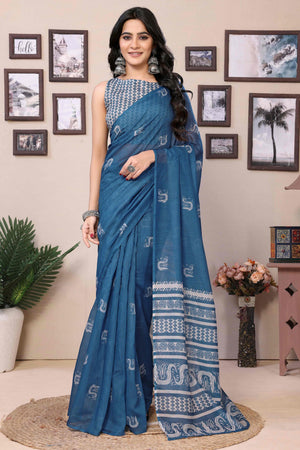 Blue Digital Printed Cotton Blend Ready To Wear Saree