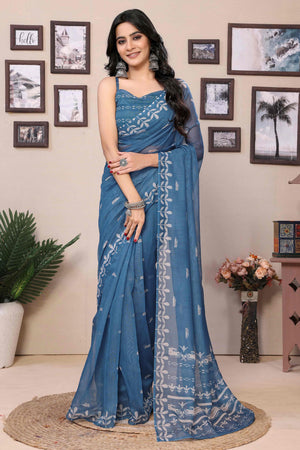 Blue Digital Printed Cotton Blend Ready To Wear Saree