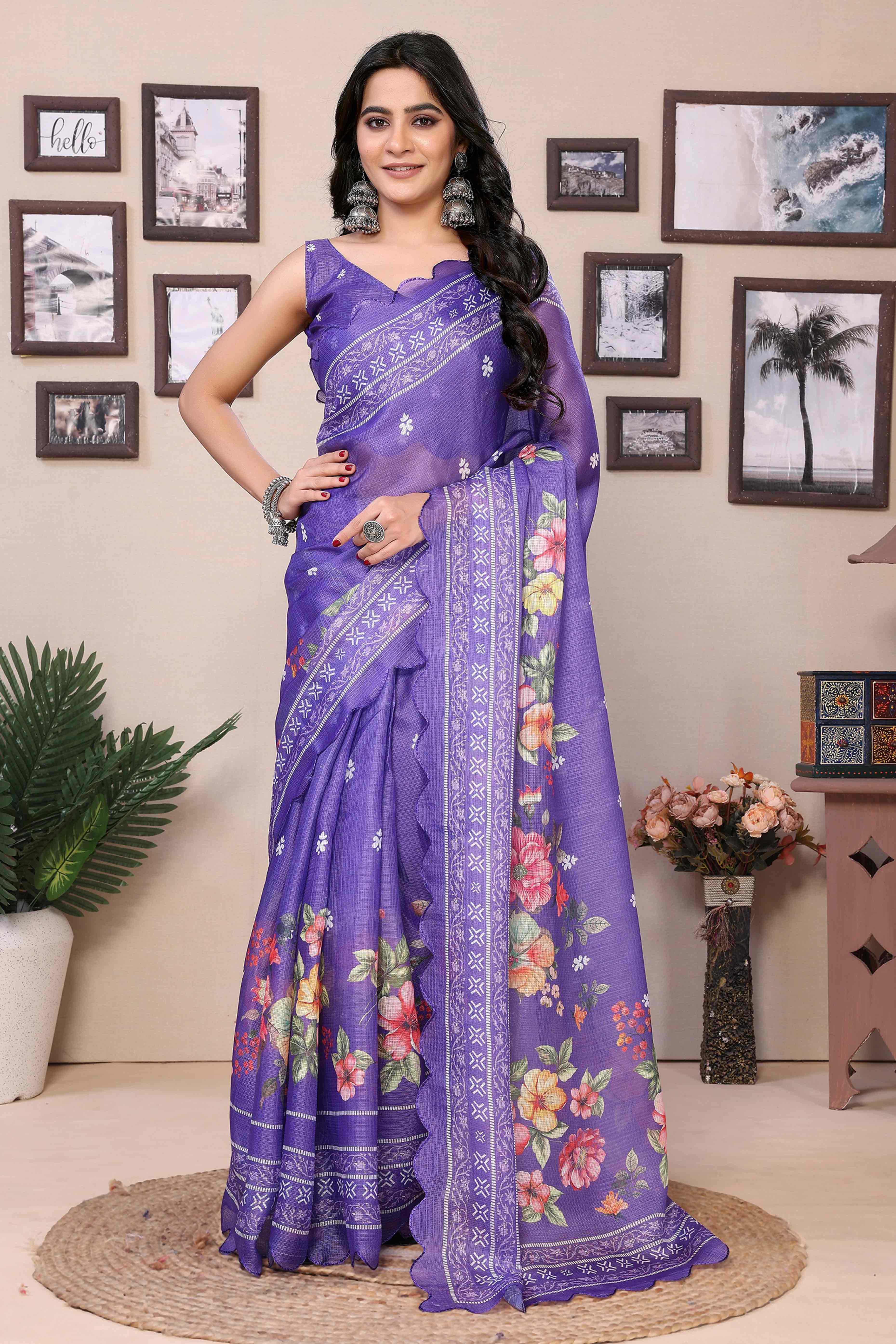 Purple Floral Digital Printed Kota Doria Ready To Wear Saree